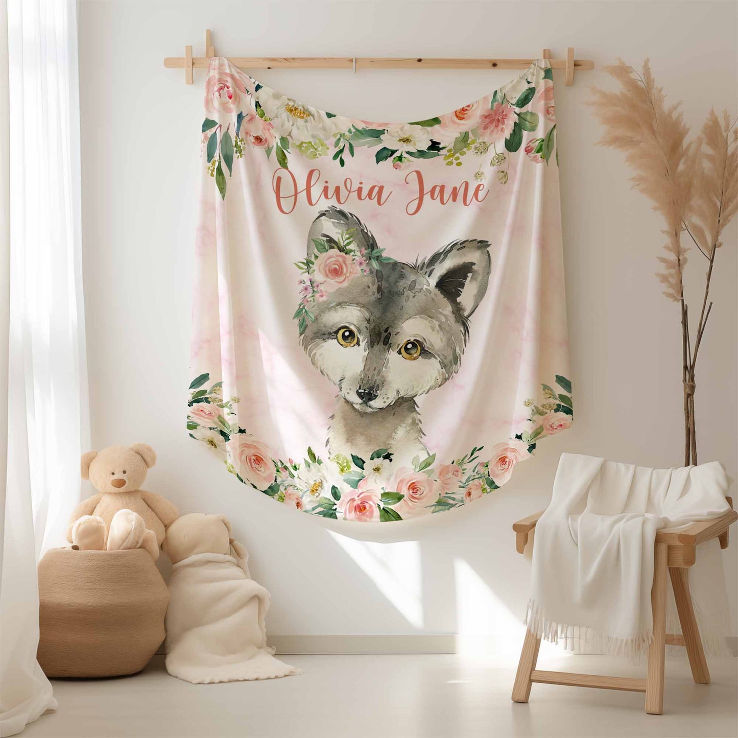 Baby Wolf Floral Blanket