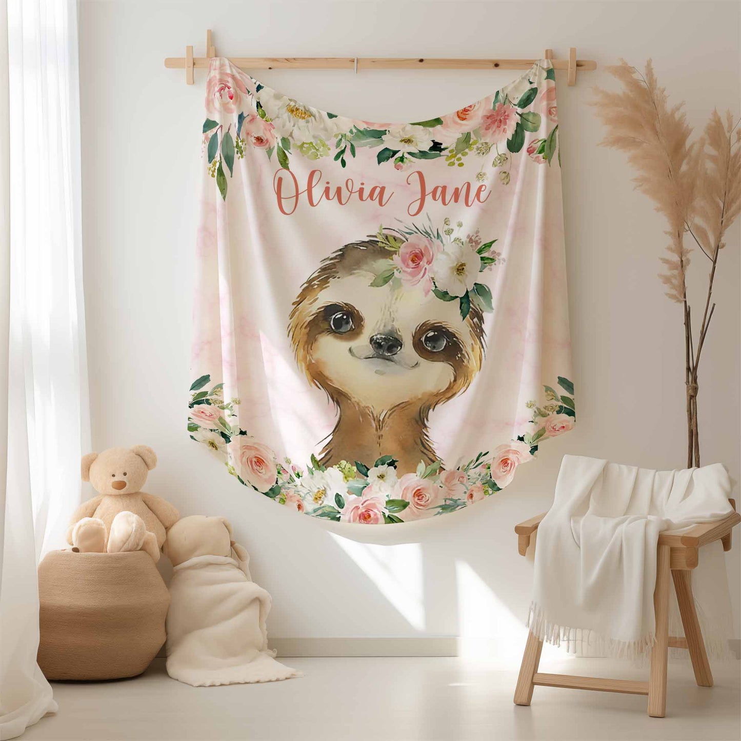 Sloth Rose Floral Blanket
