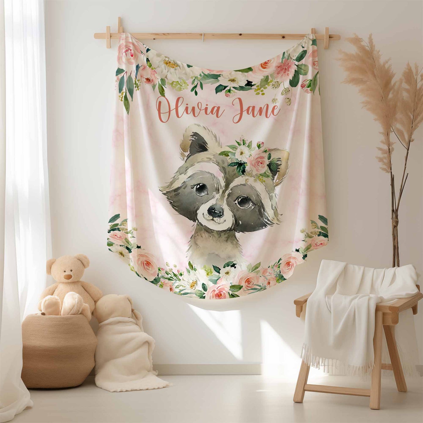 Raccoon Rose Floral Blanket