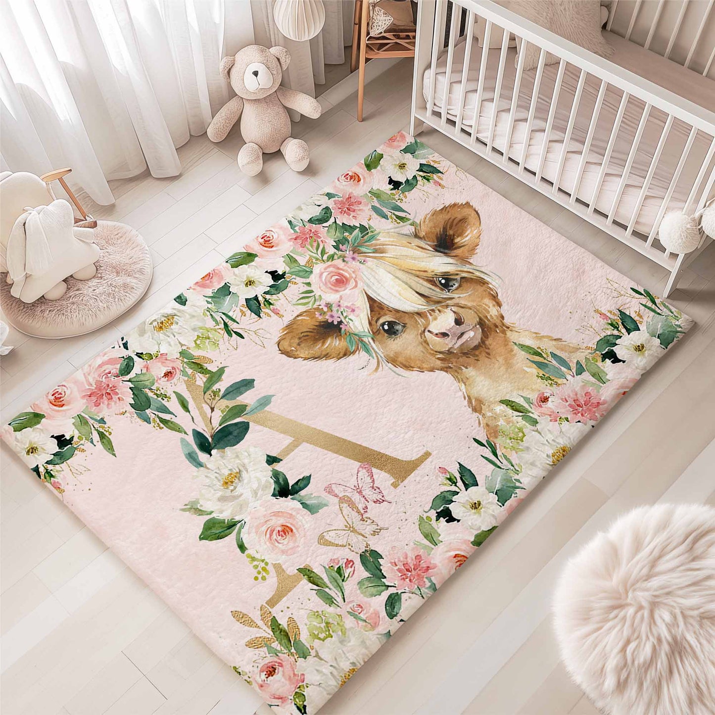 Highland Cow Rose Floral Rug