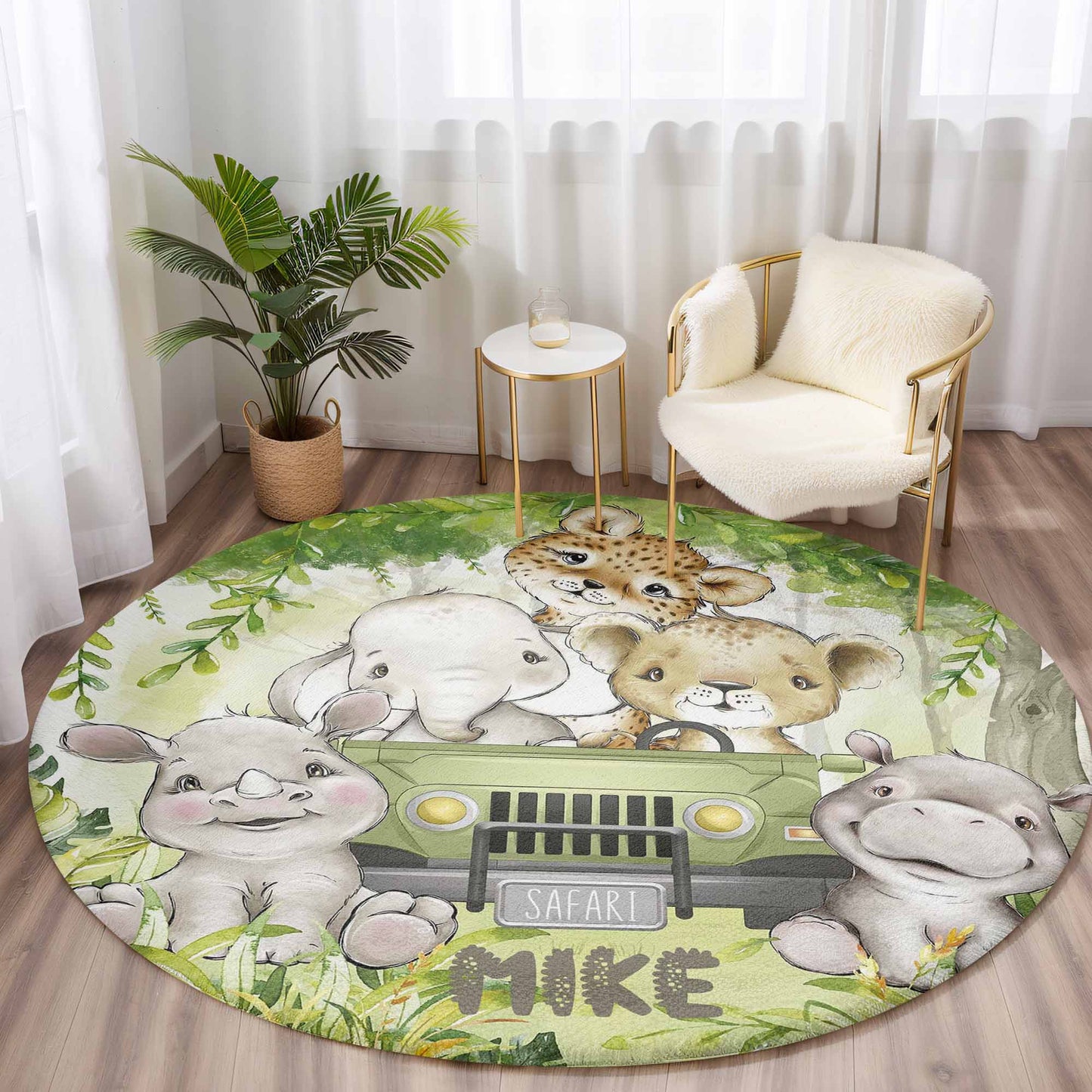 Safari Animals In Car Round Rug