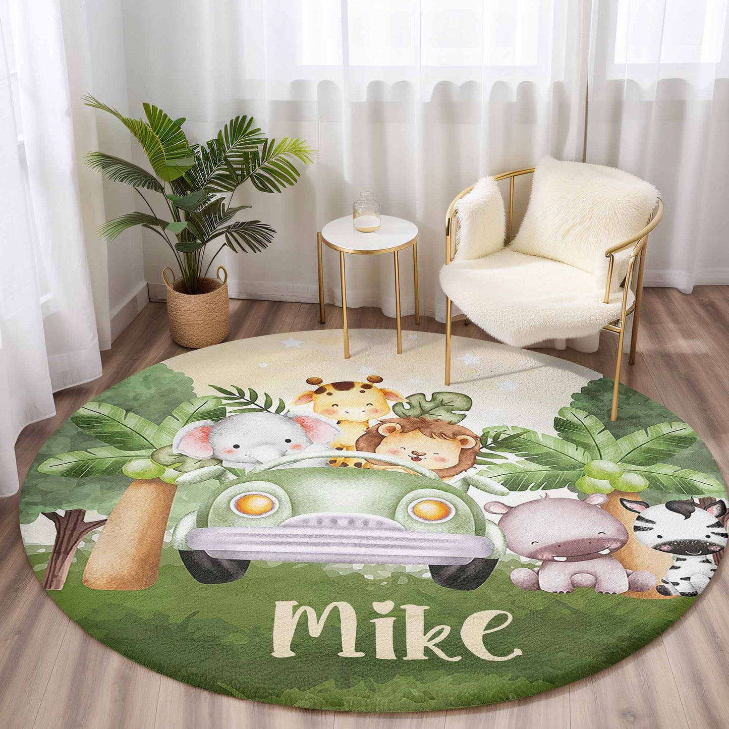 Safari Animals In Car Round Rug