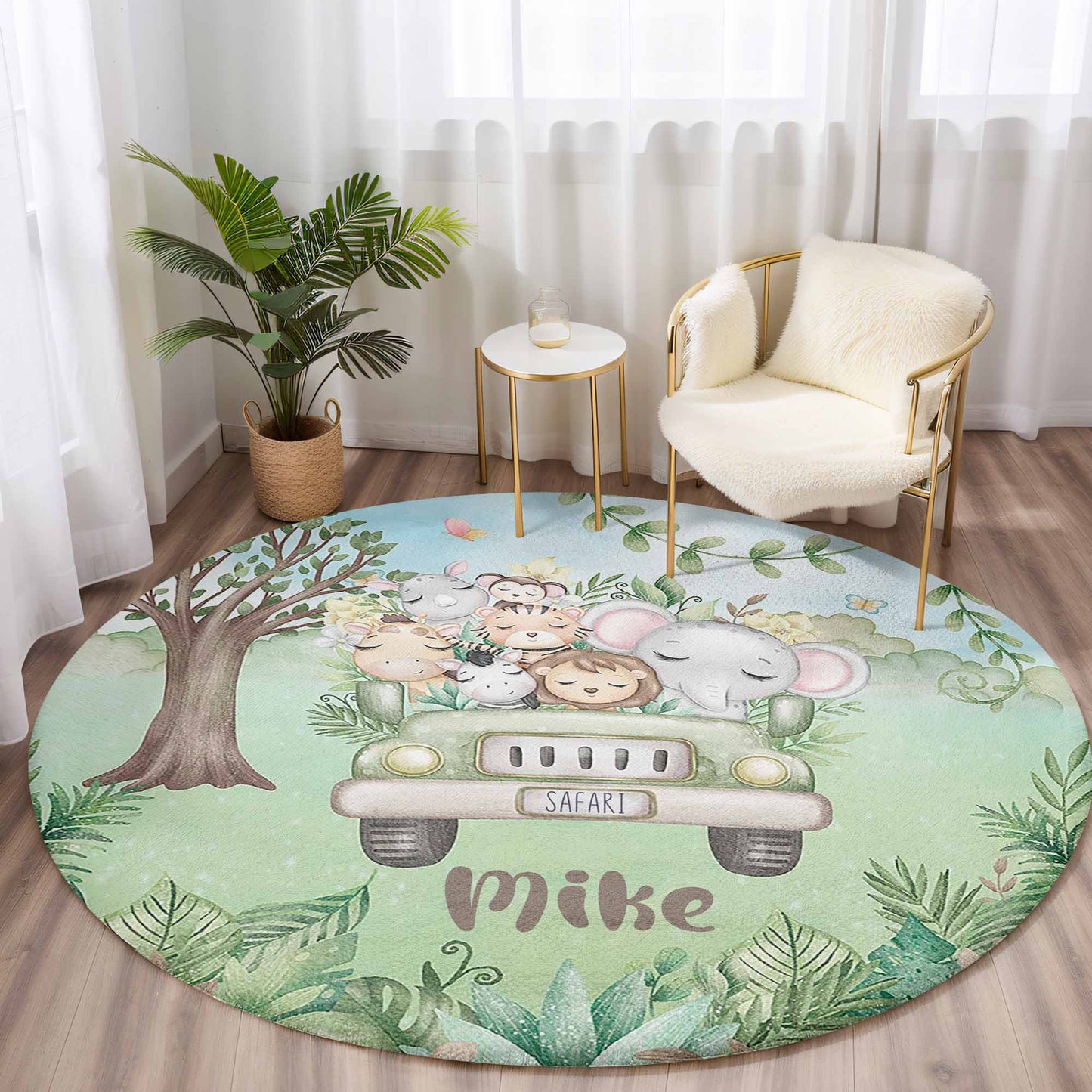 Safari Animals In Car Round Rug