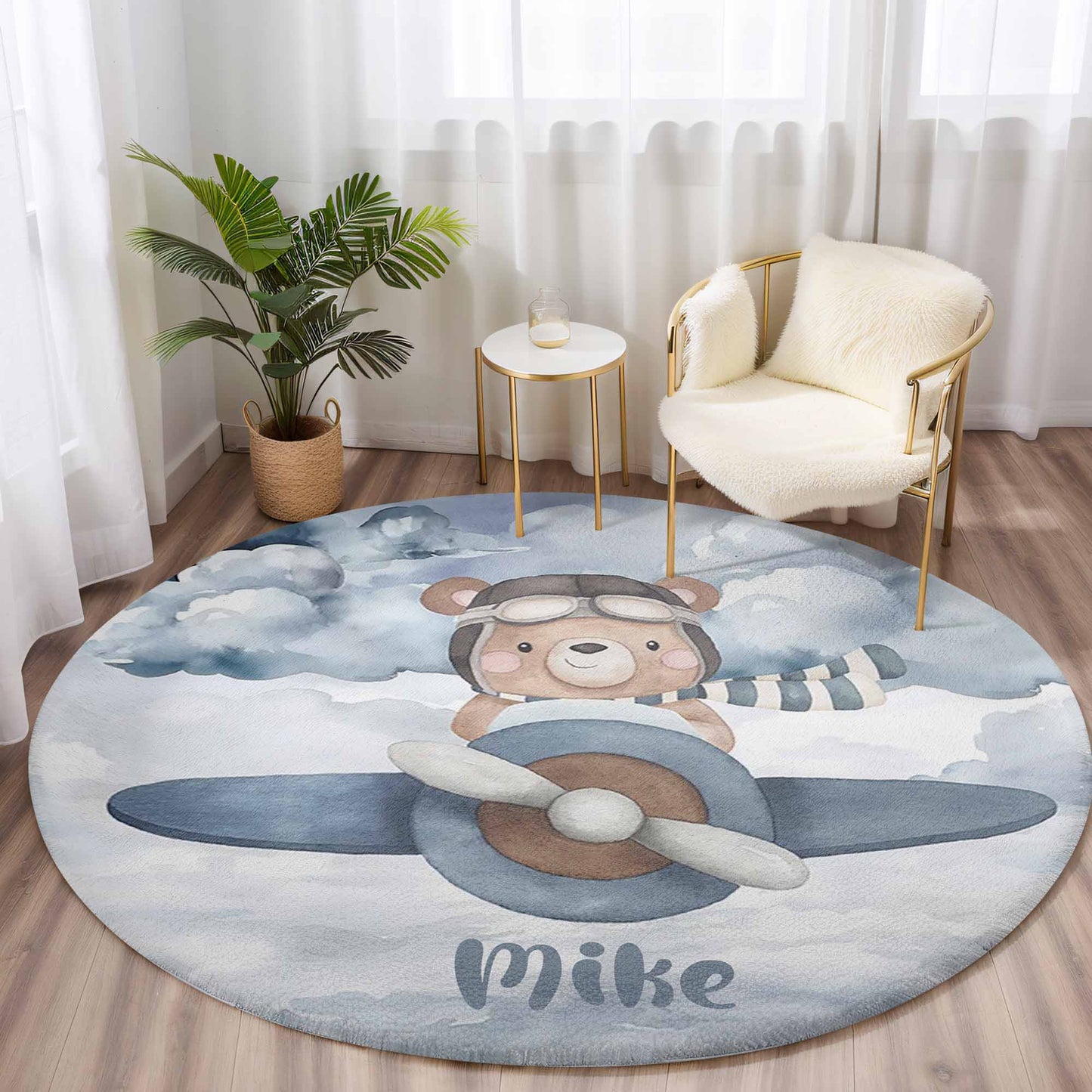 Pilot Bear On Plane Round Rug