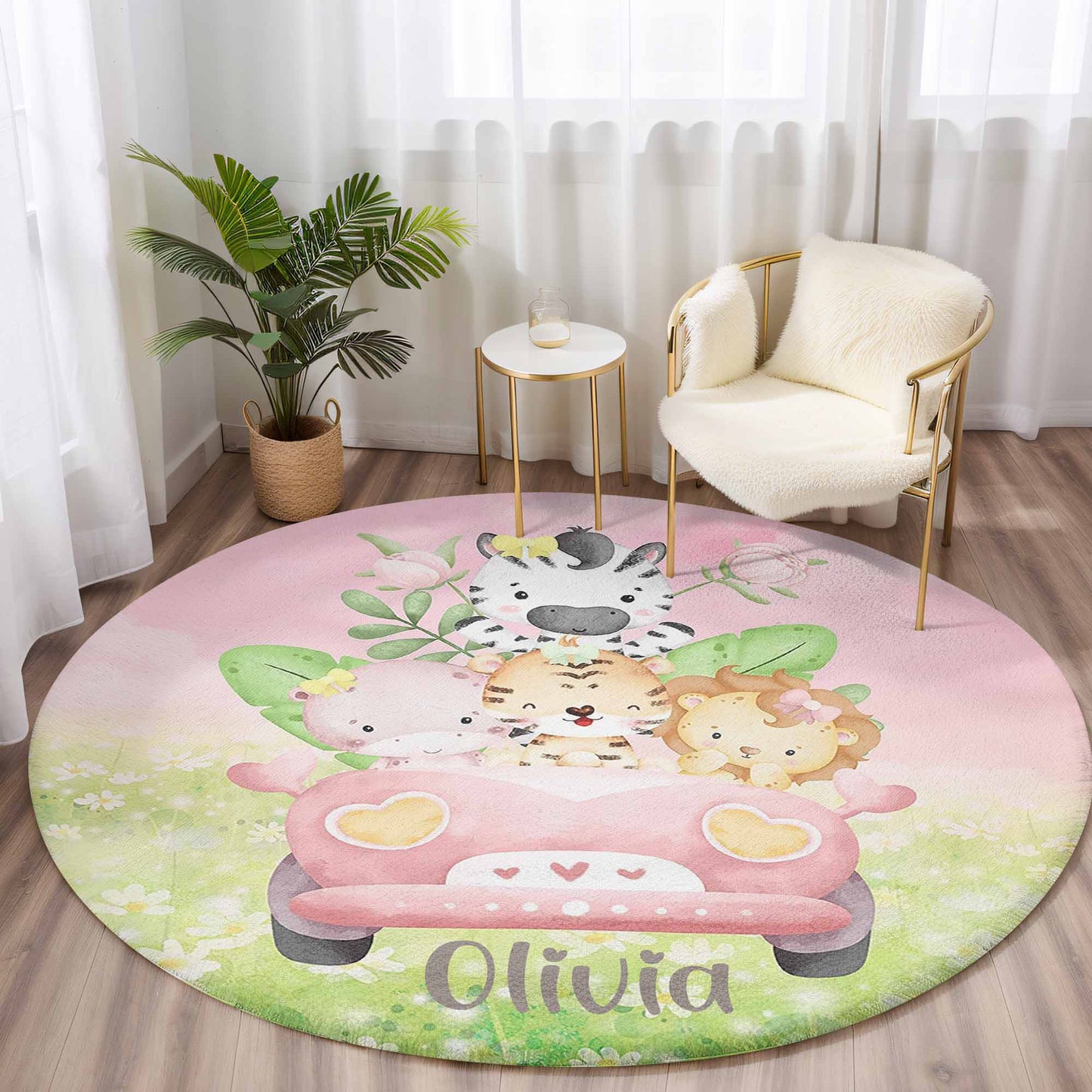 Safari Animals In Car Round Rug