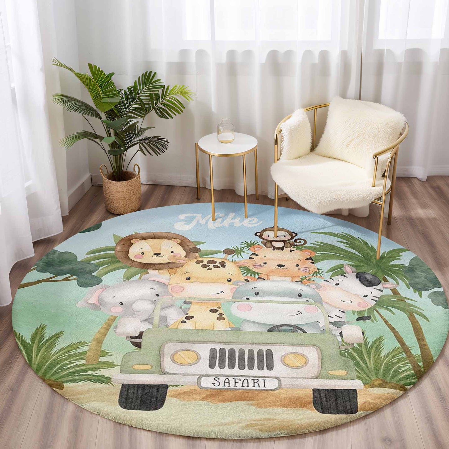 Safari Animals In Car Round Rug