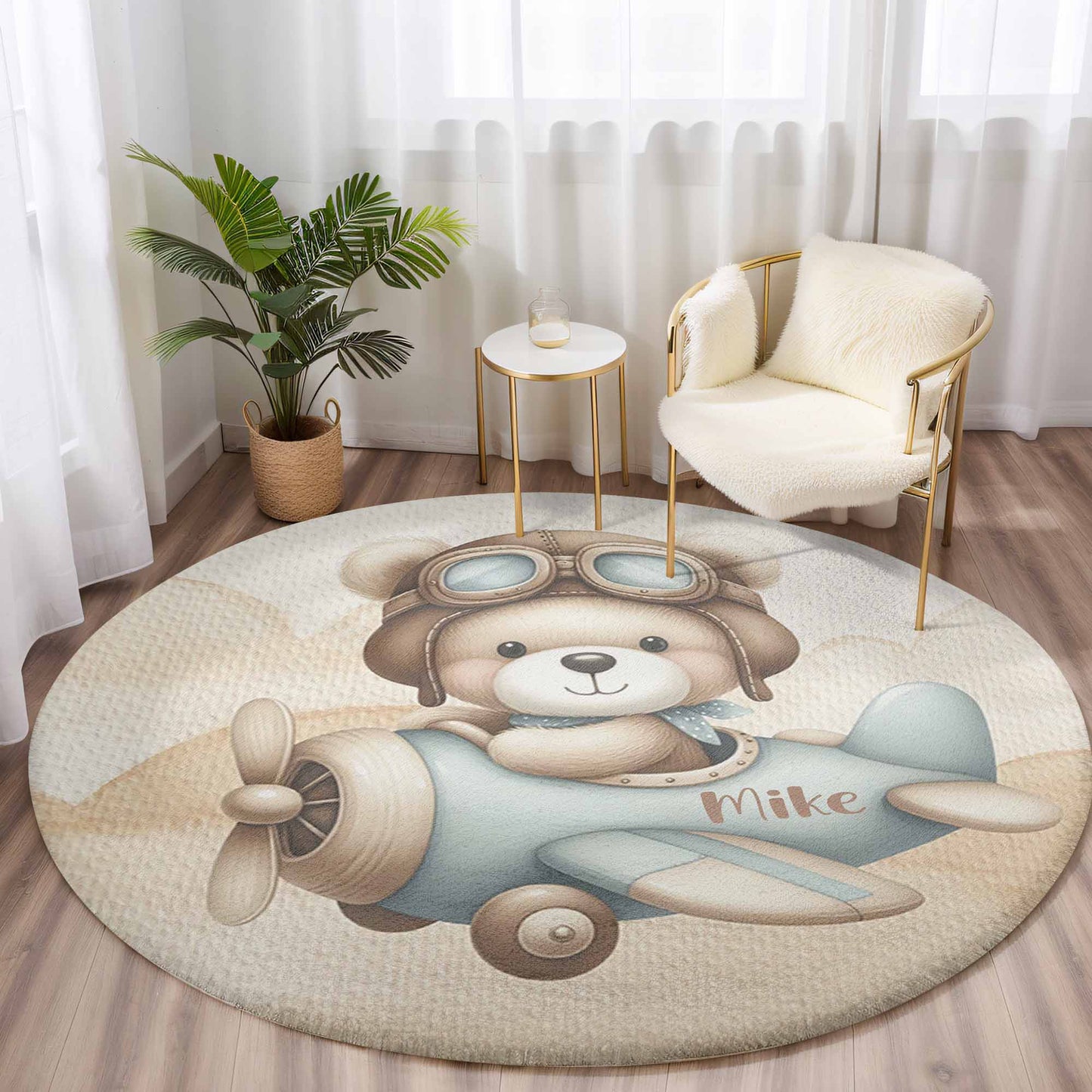 Pilot Bear On Plane Round Rug