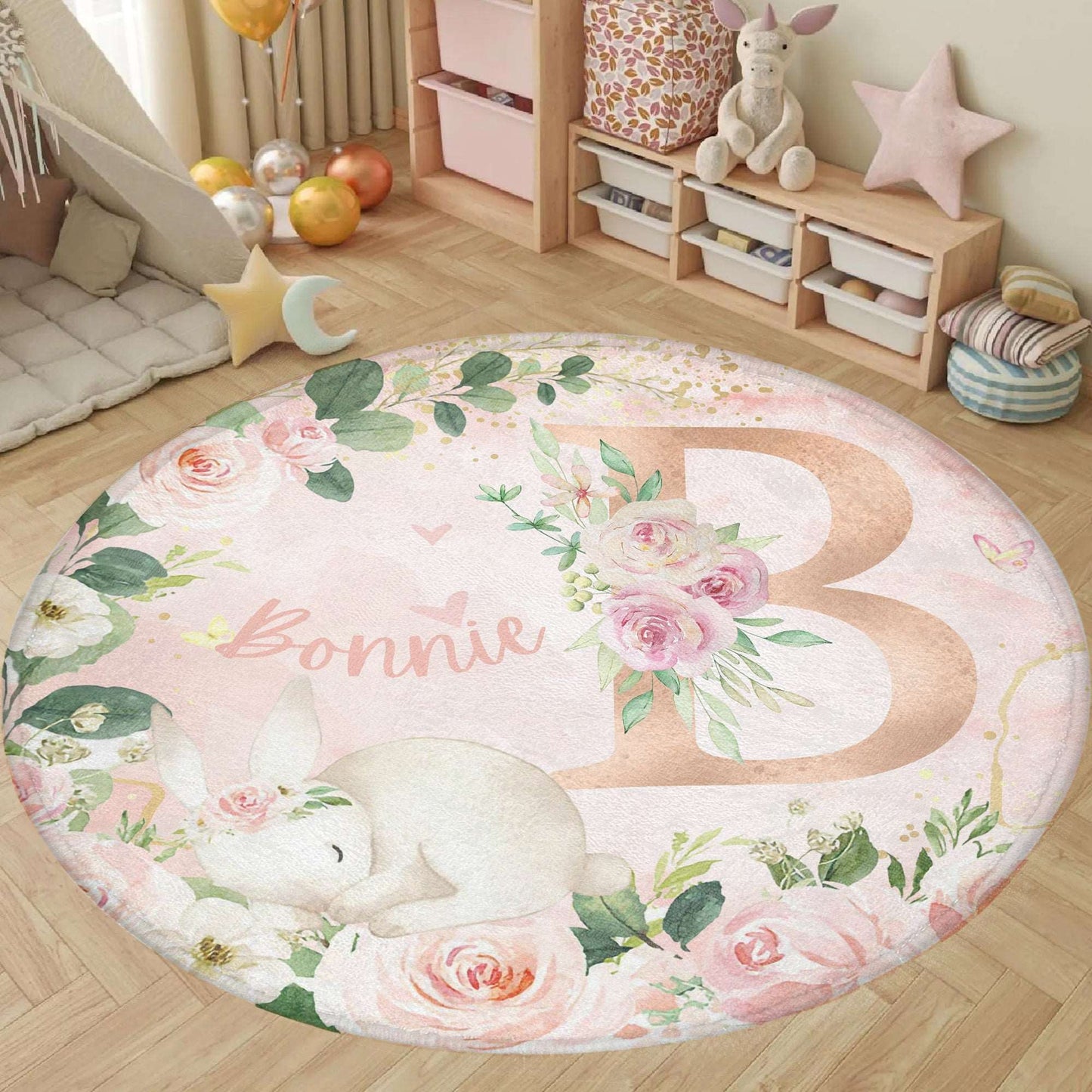 Baby Bunny Rose Floral Alphabet Round Rug