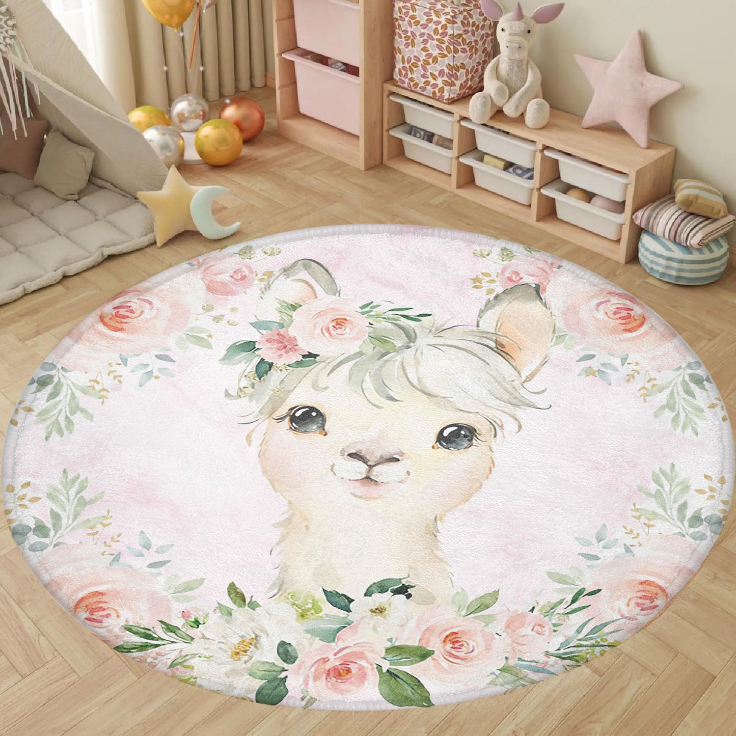 Baby Llama Rose Floral Round Rug