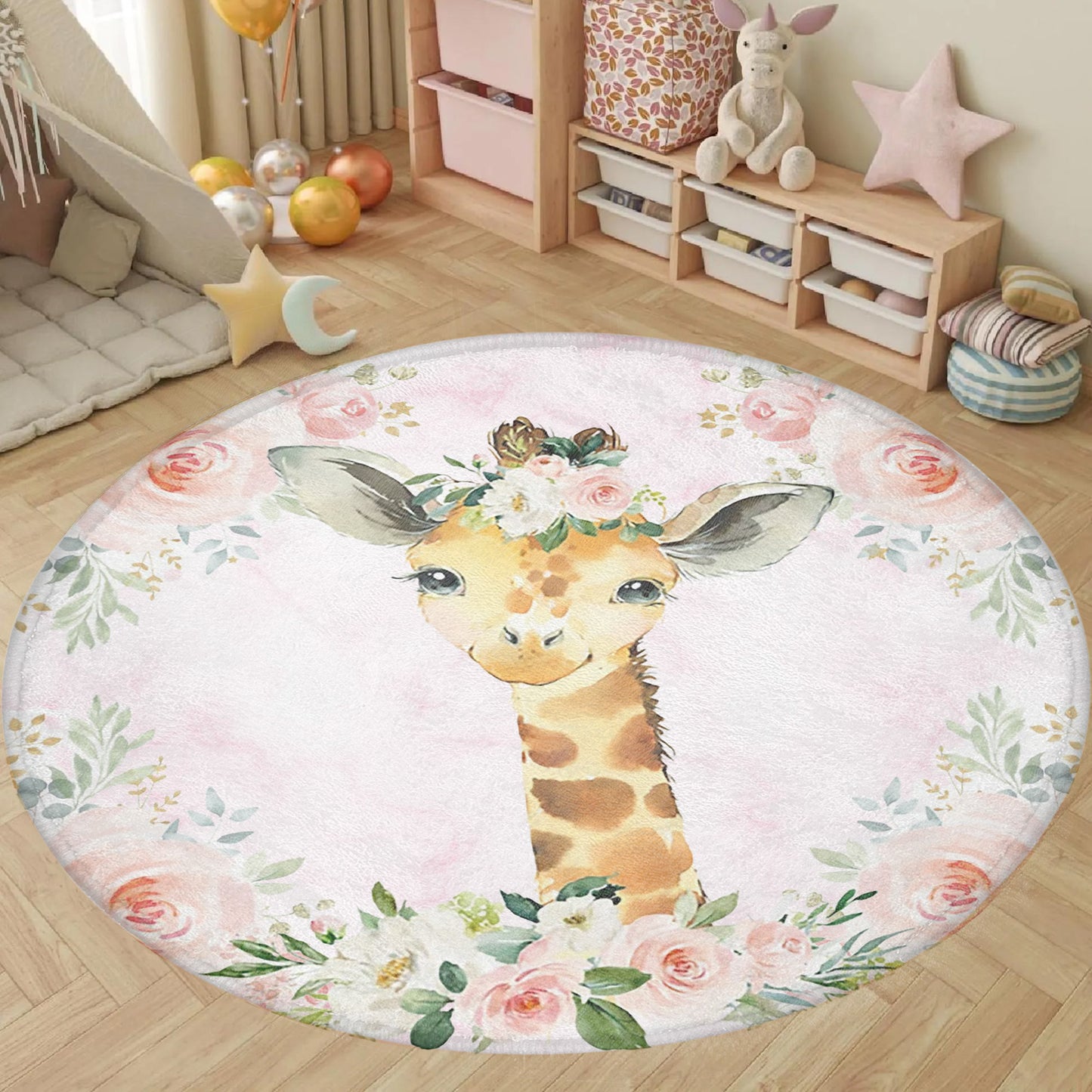 Baby Giraffe Rose Floral Round Rug