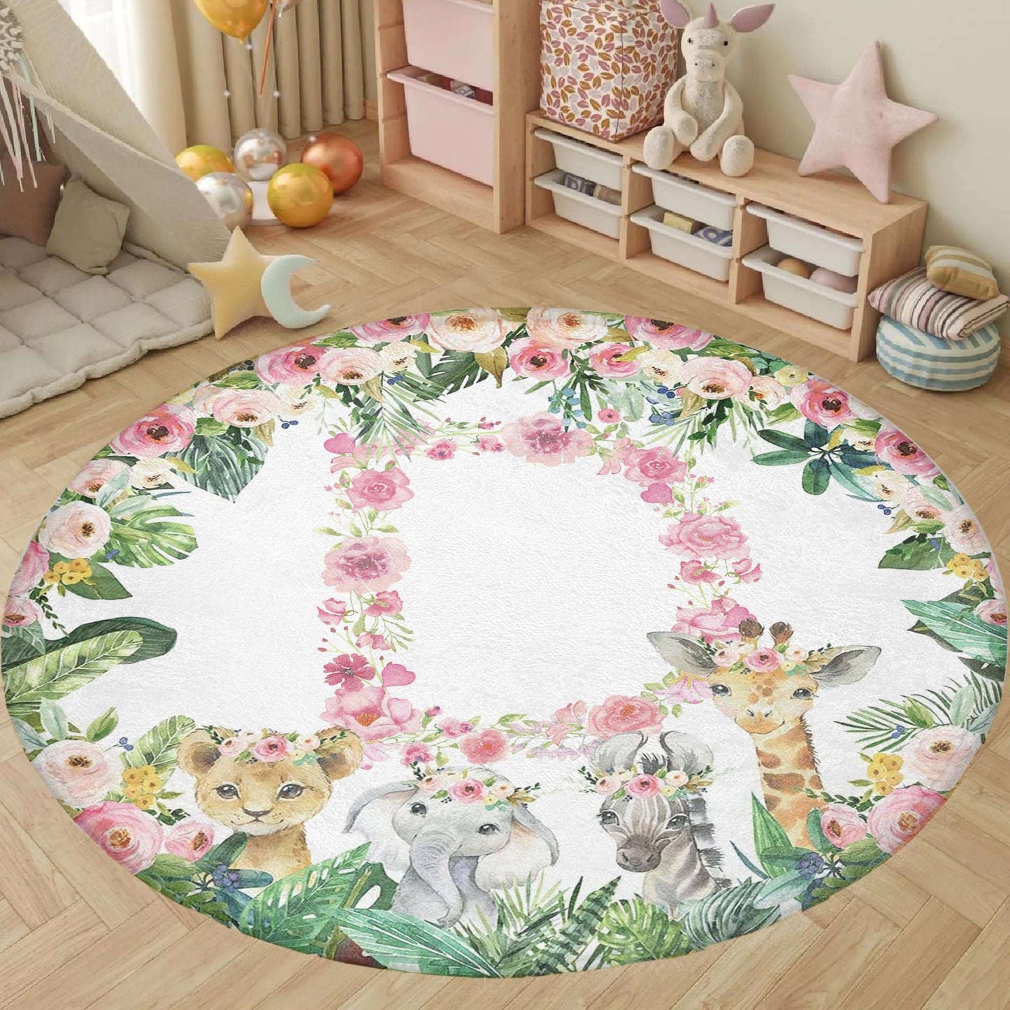 Safari Animals Floral Alphabet Round Rug