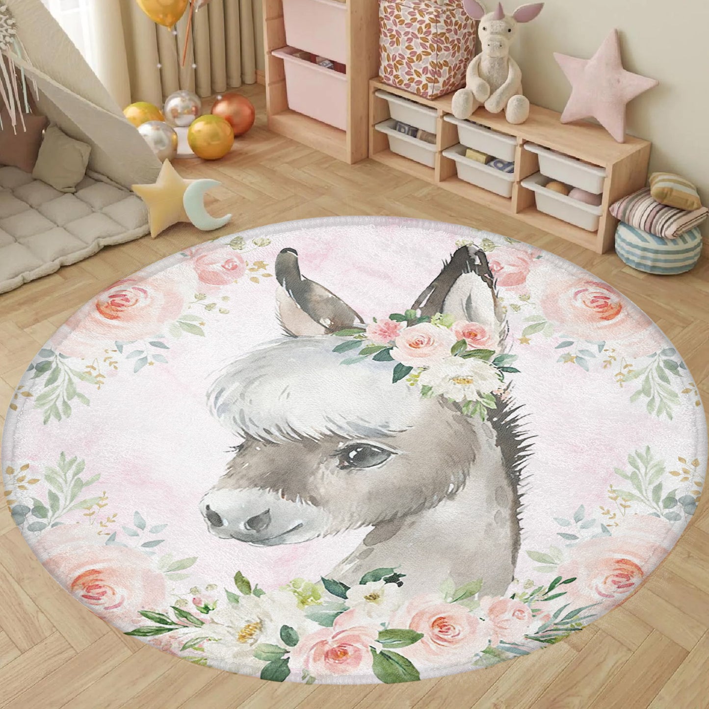 Baby Horse Rose Floral Round Rug