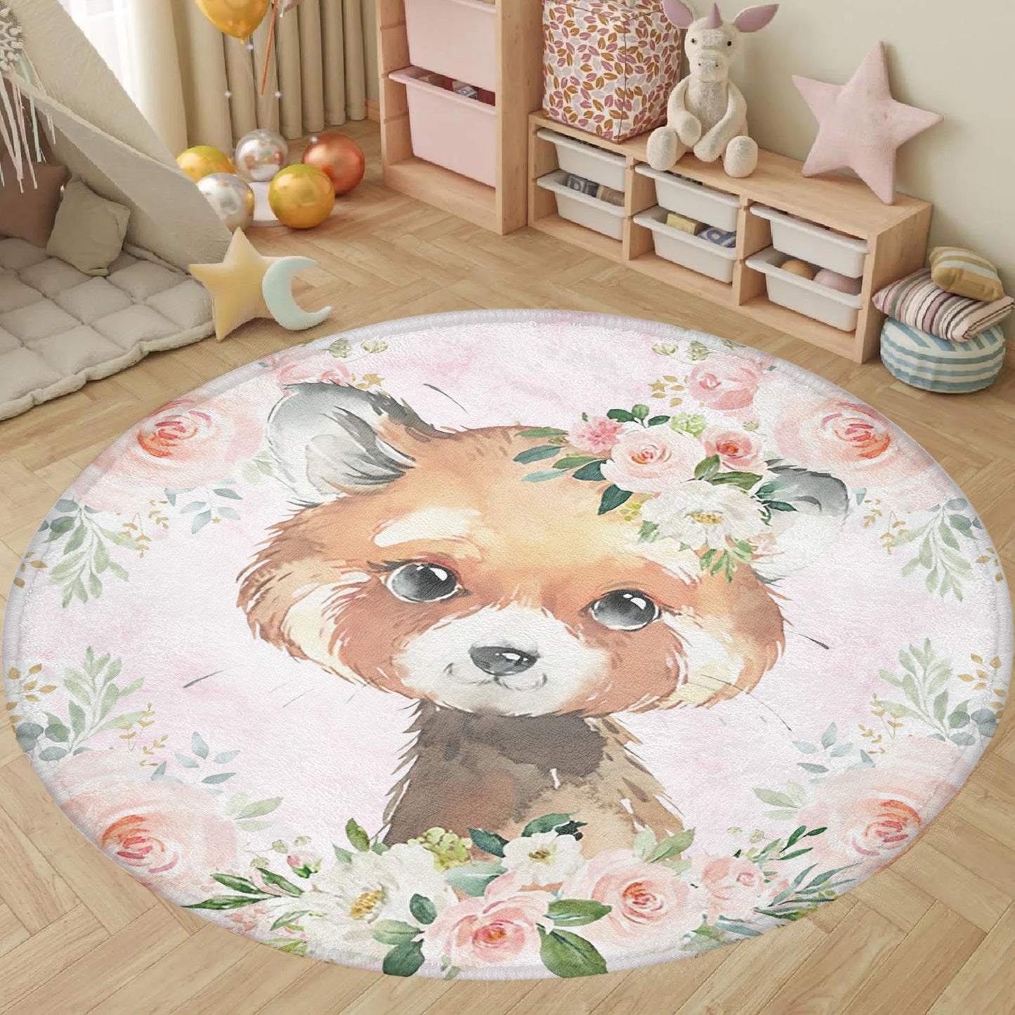 Baby Red Panda Rose Floral Round Rug