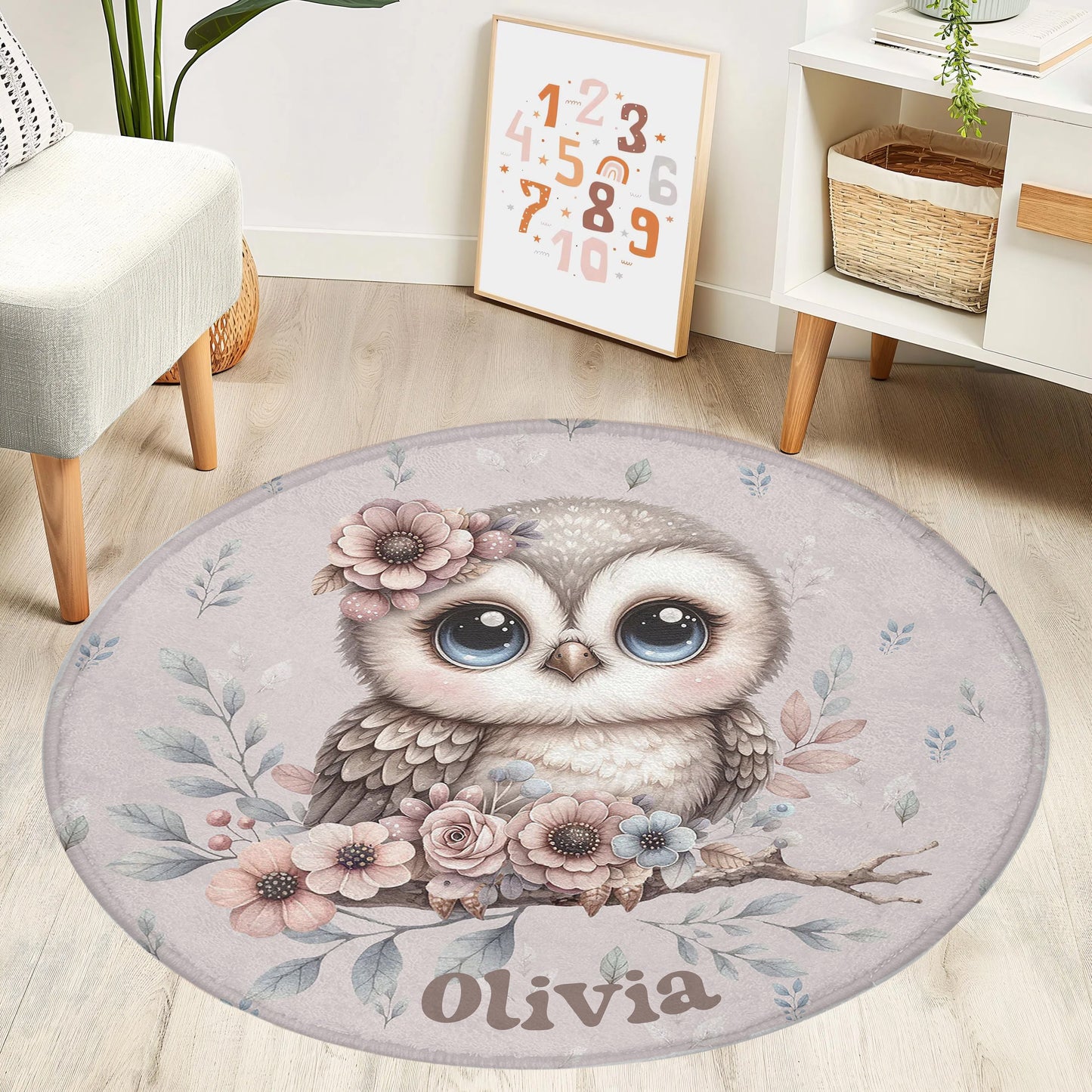Spring Floral Owl Round Rug
