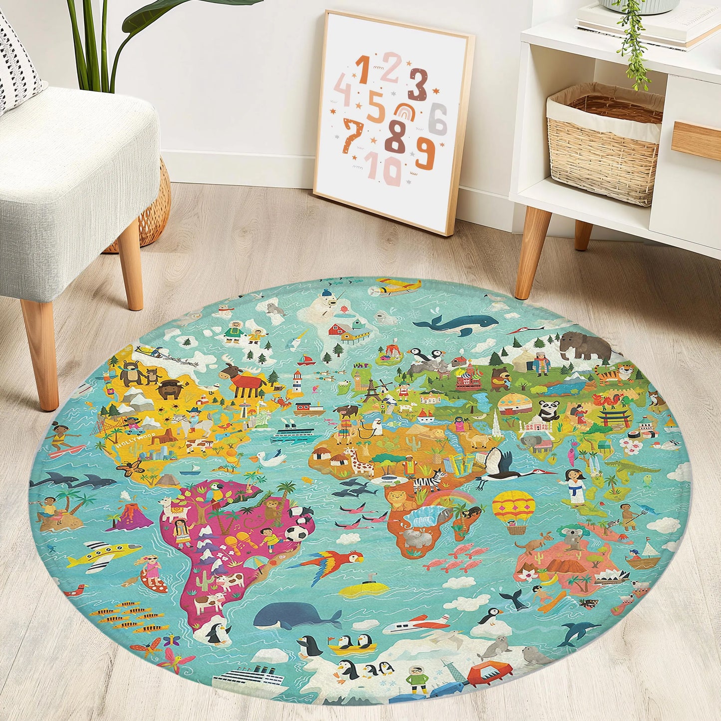 Animal World Map Round Rug