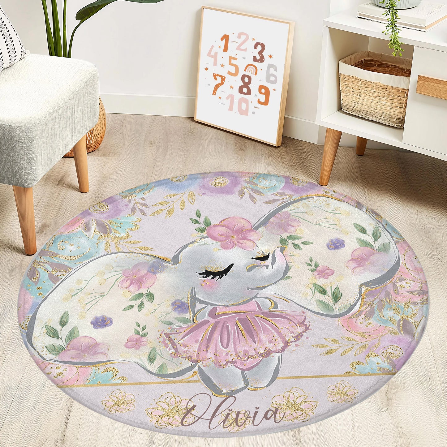 Ballerina Elephant Floral Round Rug