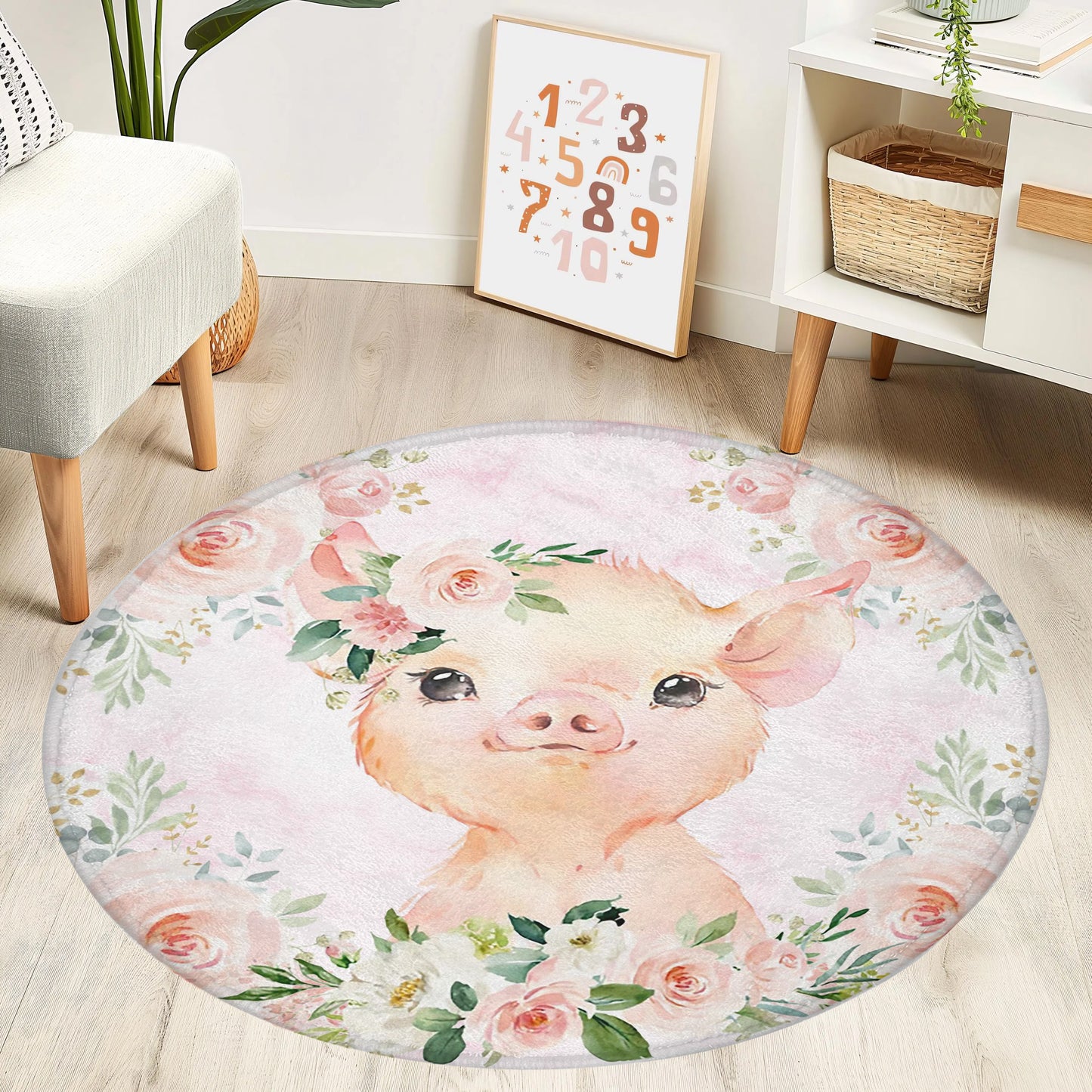 Baby Pig Rose Floral Round Rug