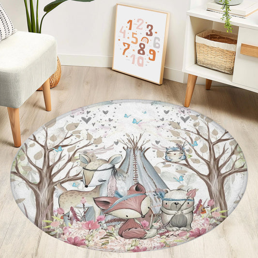 Boho Woodland Animals Round Rug