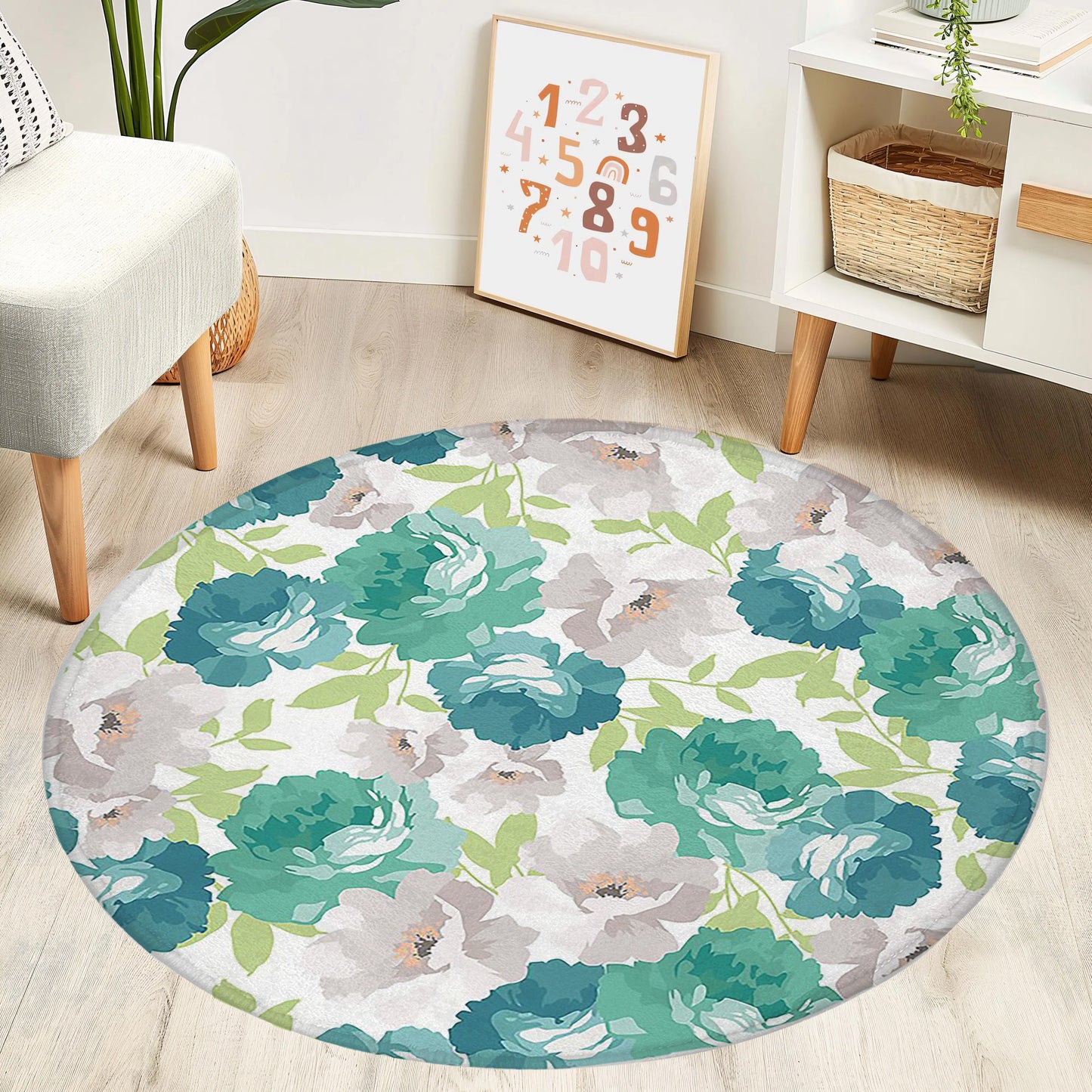 Green White Floral Round Rug