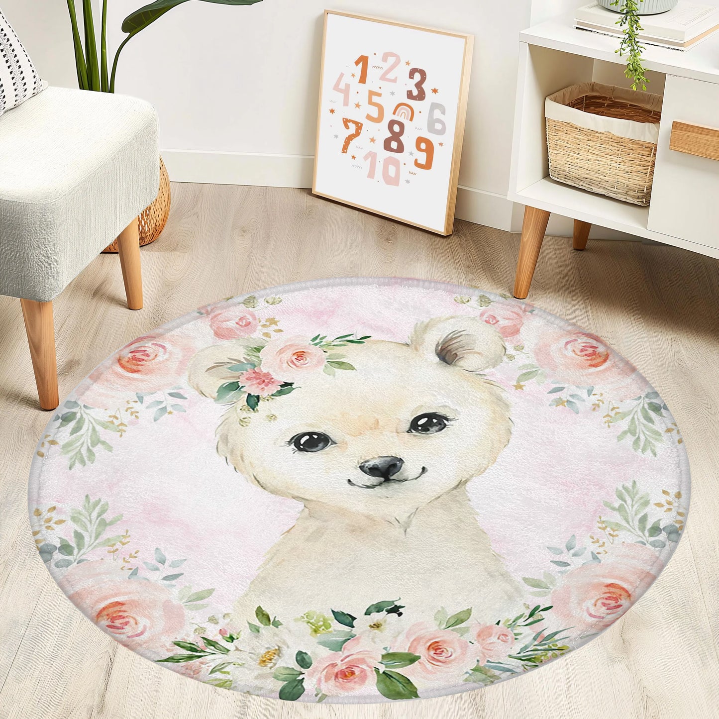 Baby Polar Bear Rose Floral Round Rug