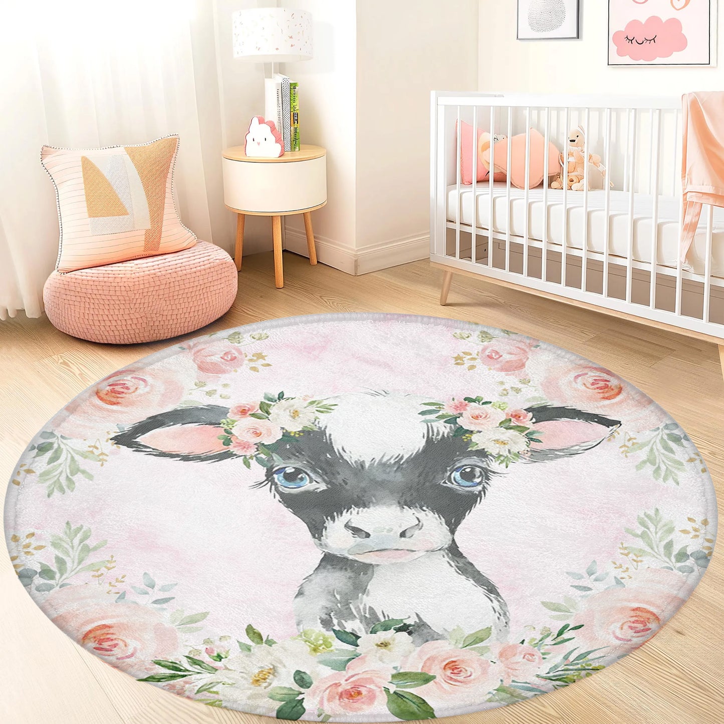 Baby Cow Rose Floral Round Rug