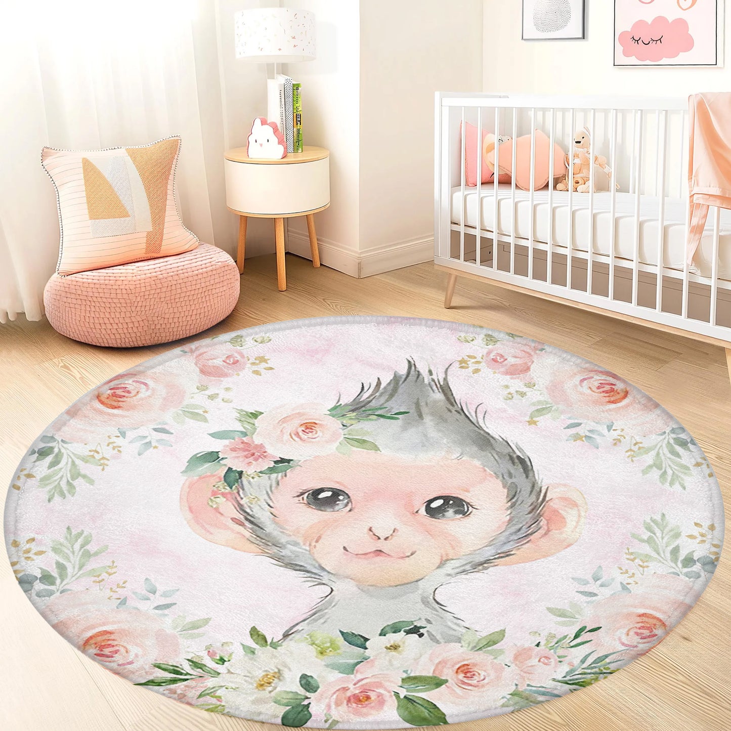 Baby Monkey Rose Floral Round Rug