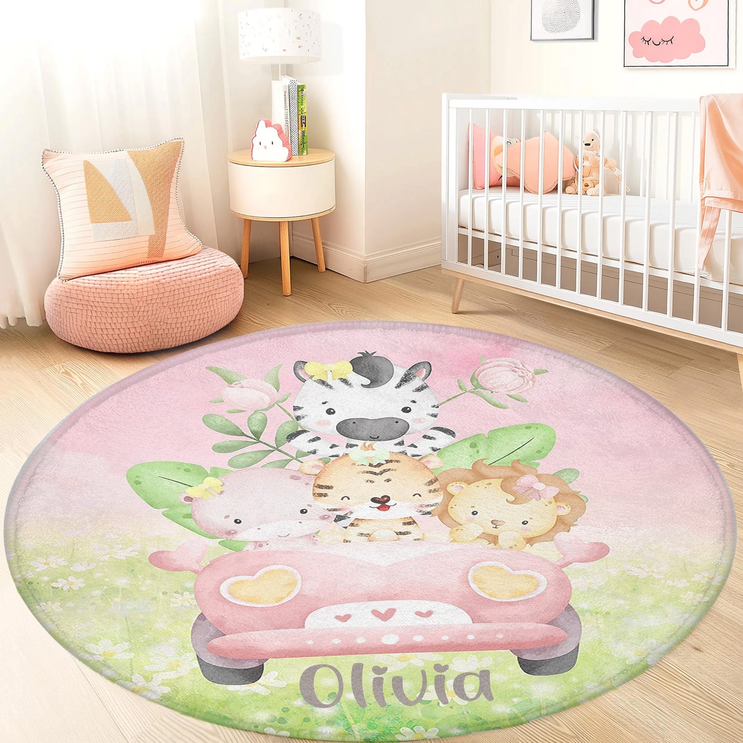 Safari Animals In Car Round Rug