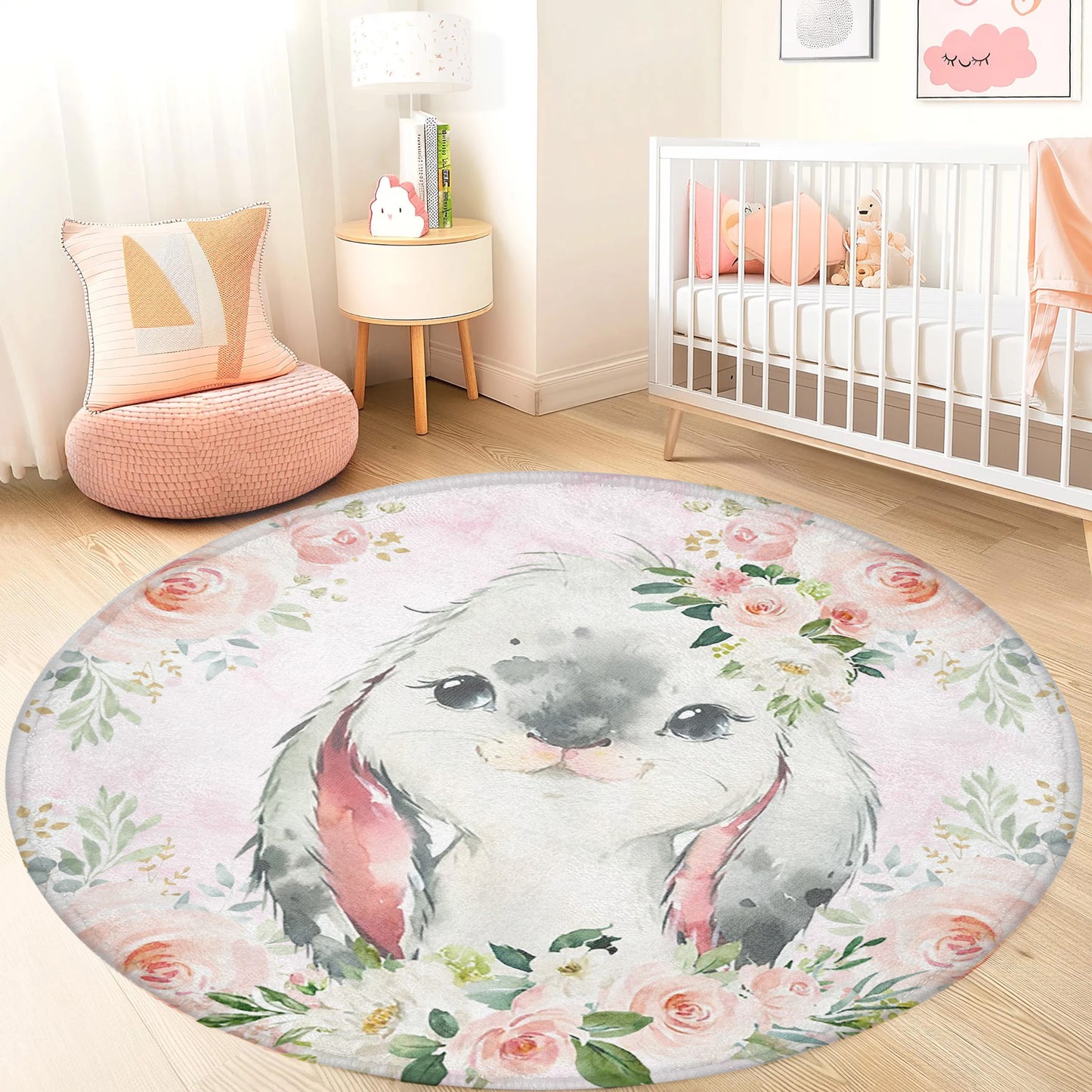 Baby Rabbit Rose Floral Round Rug