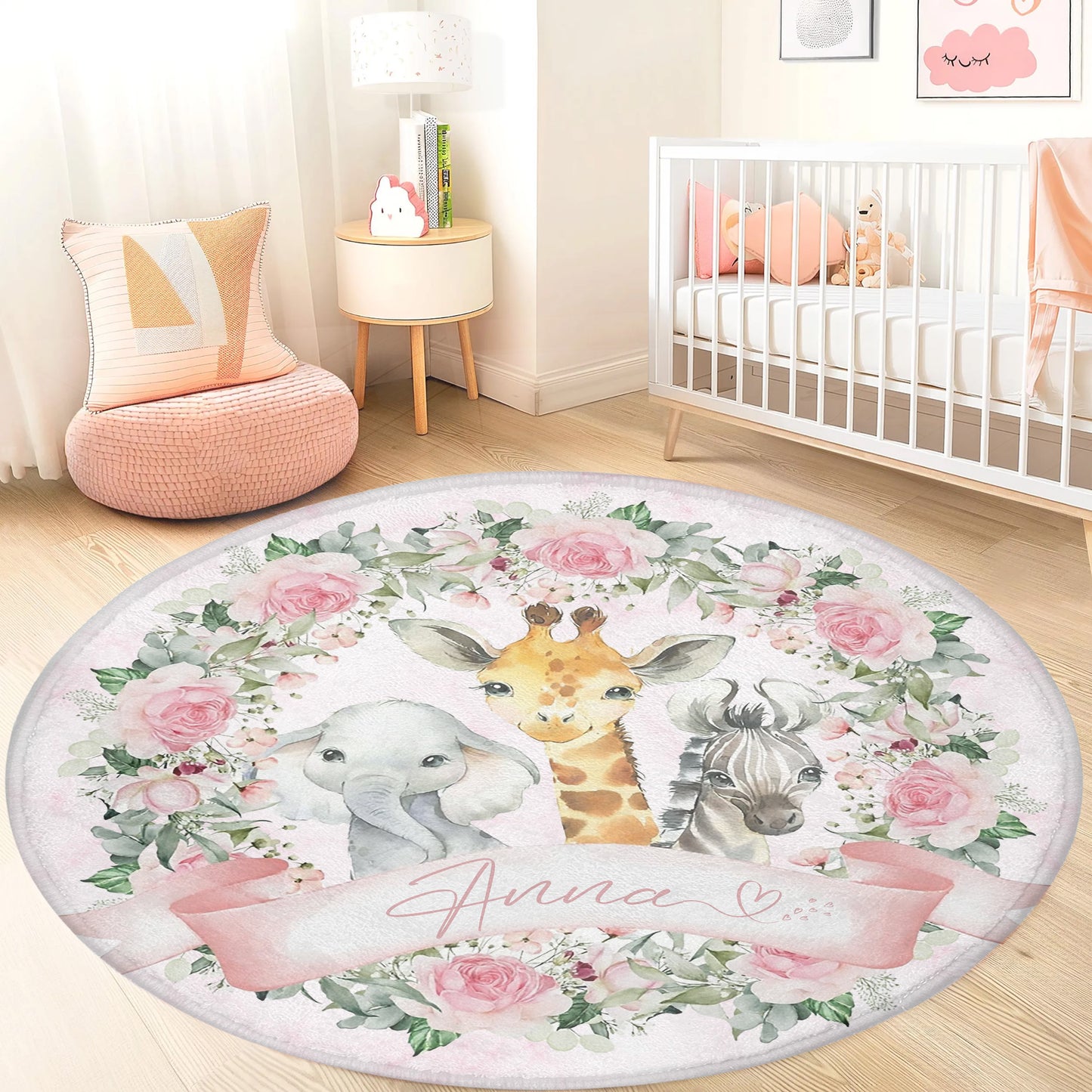 Safari Animals Rose Floral Round Rug