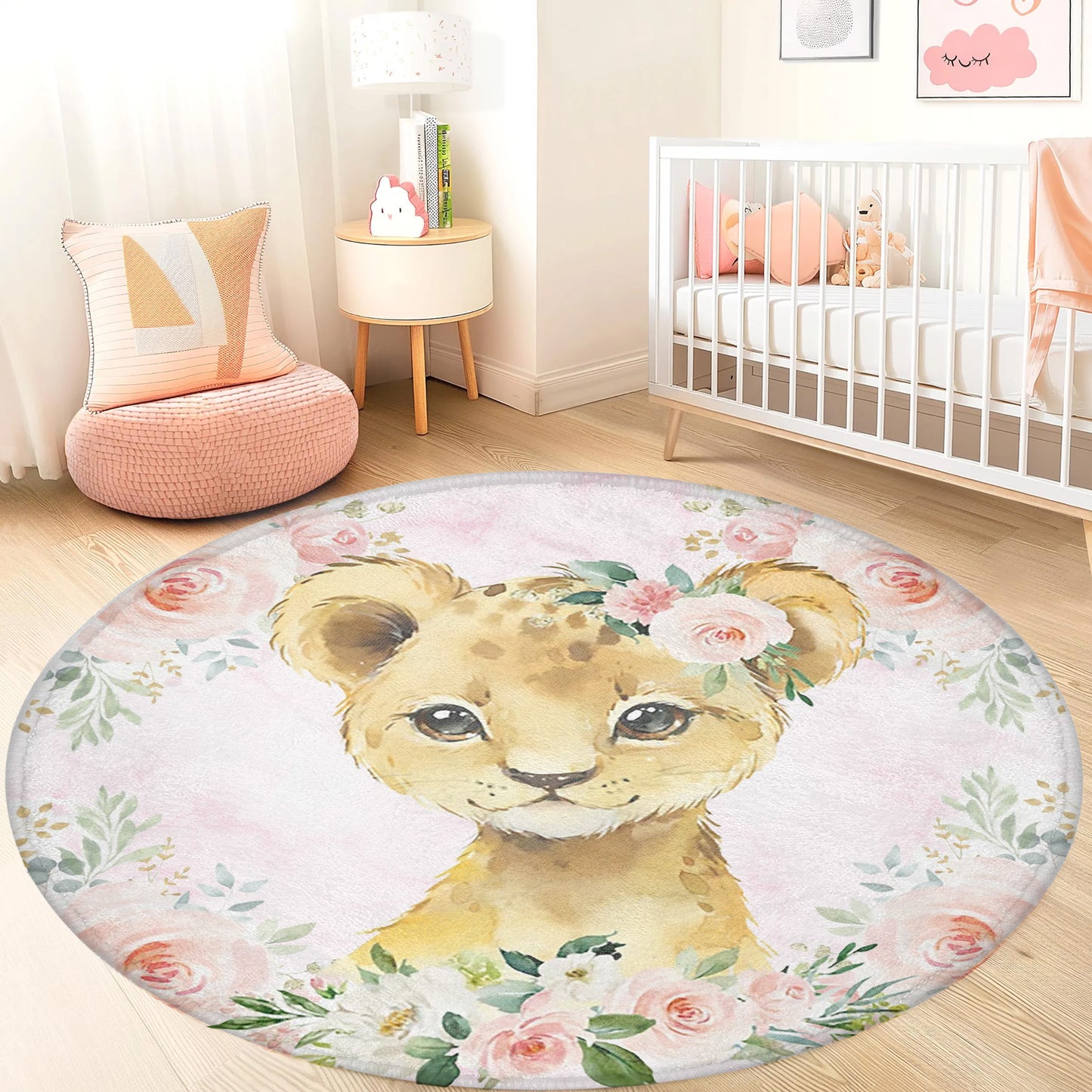 Baby Lion Rose Floral Round Rug