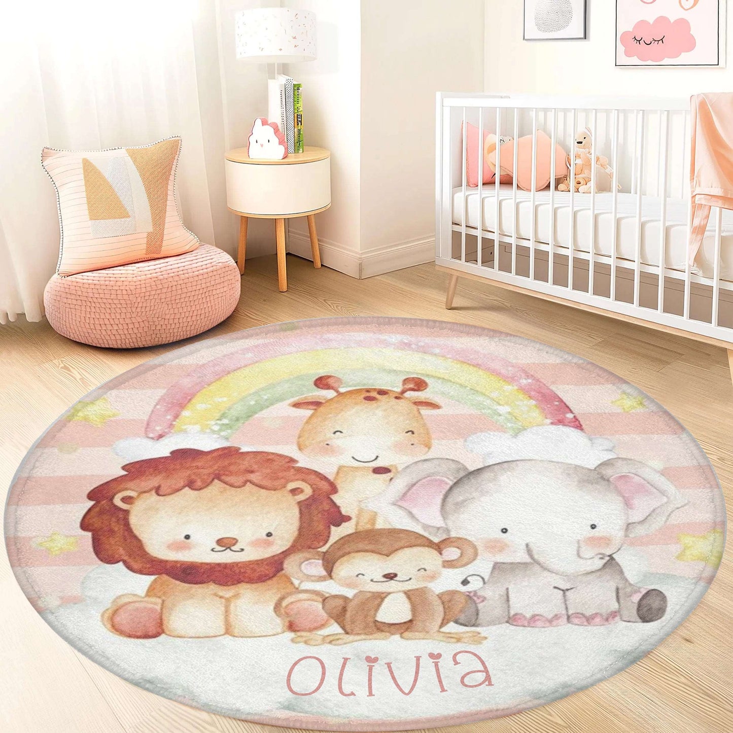 Rainbow Safari Animals Round Rug