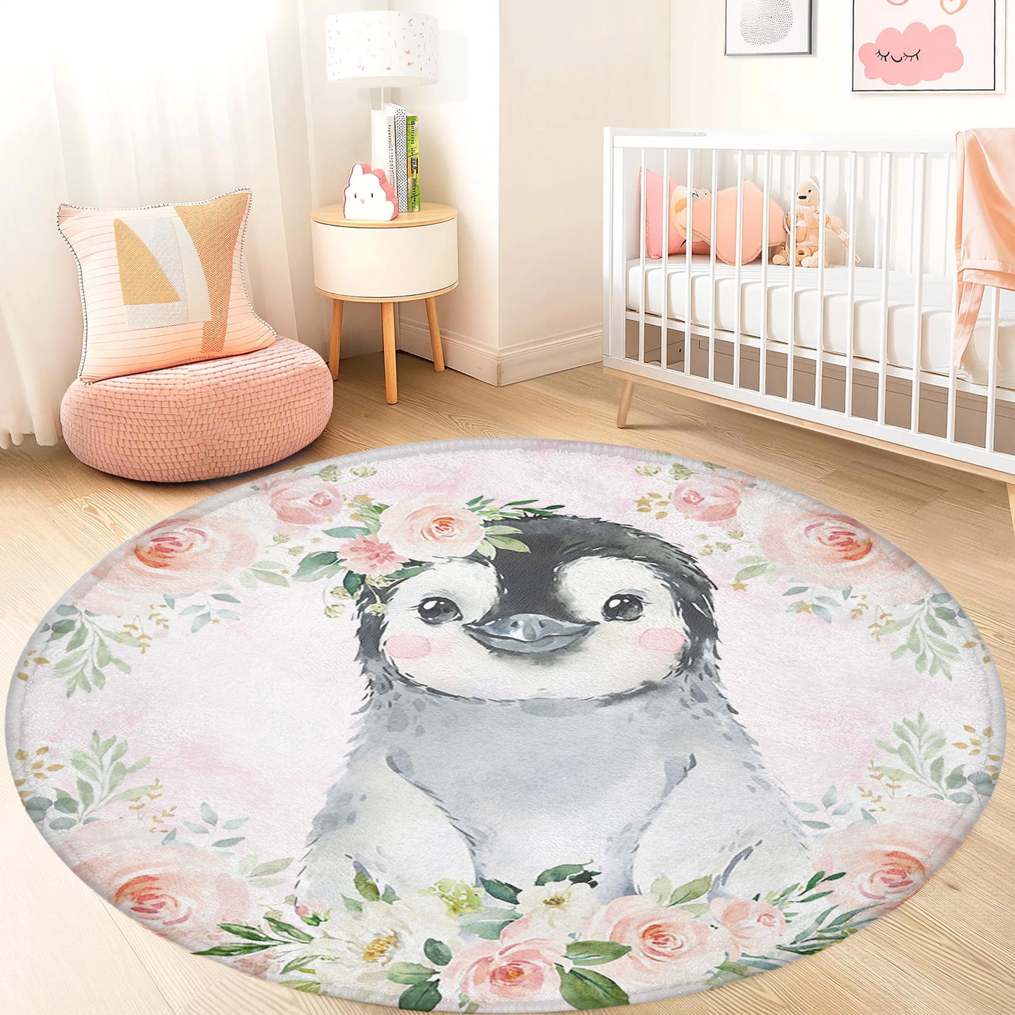 Baby Penguin Rose Floral Round Rug