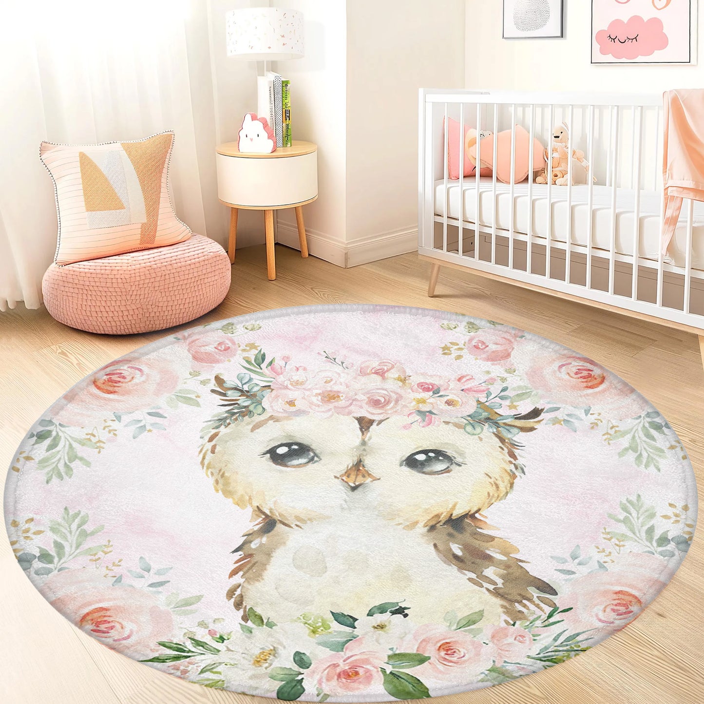 Baby Owl Rose Floral Round Rug