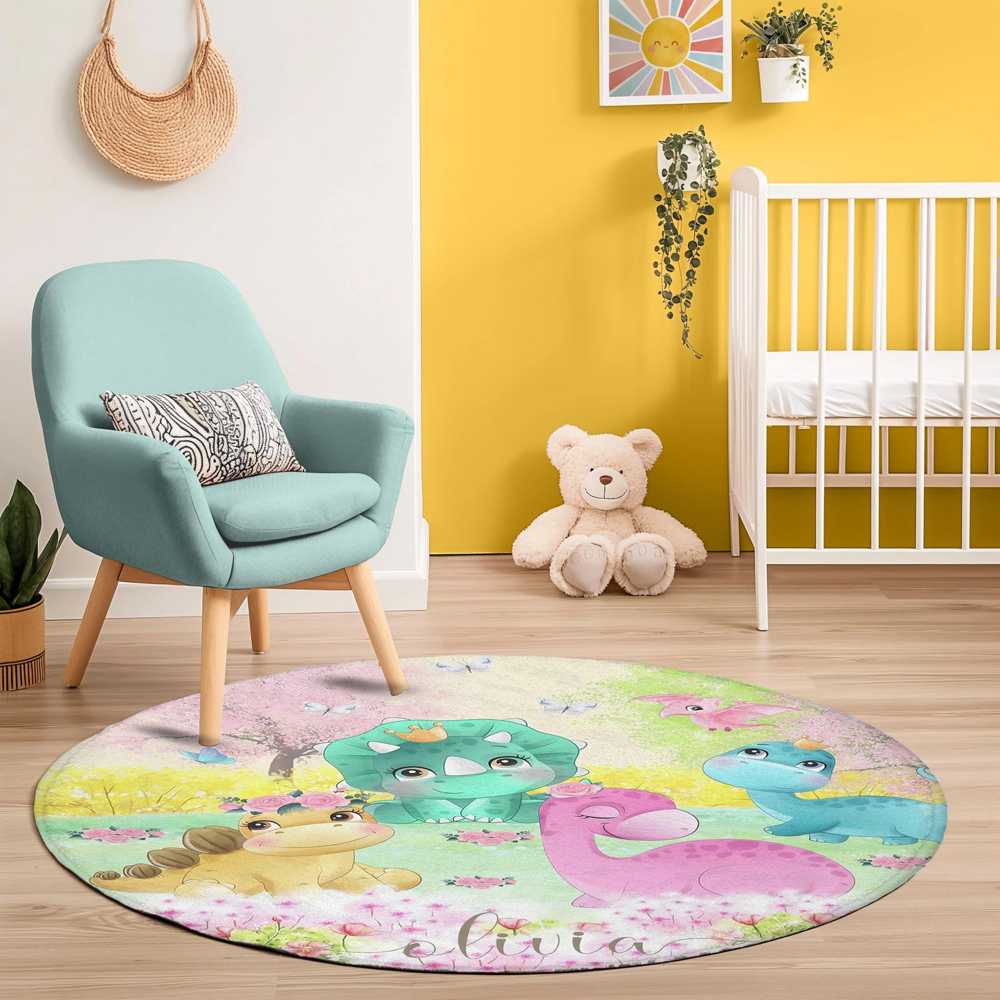 Dinosaurs Spring Floral Round Rug