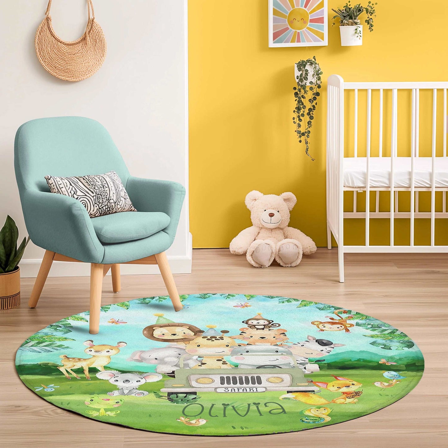 Safari Animals In Car Round Rug