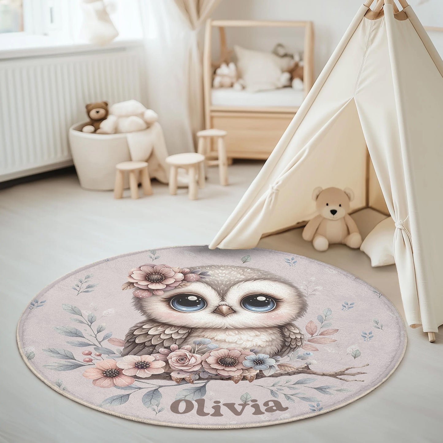 Spring Floral Owl Round Rug