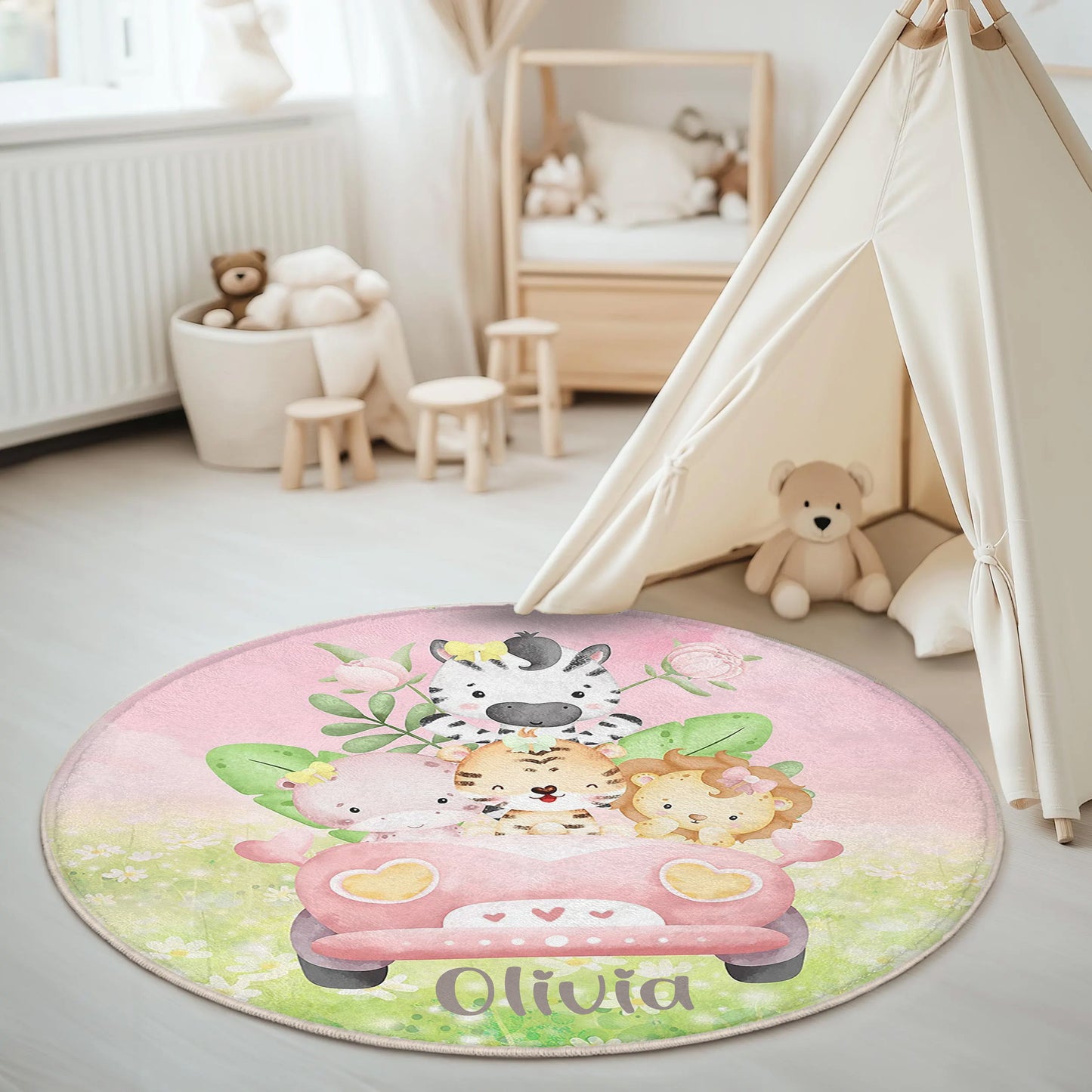 Safari Animals In Car Round Rug