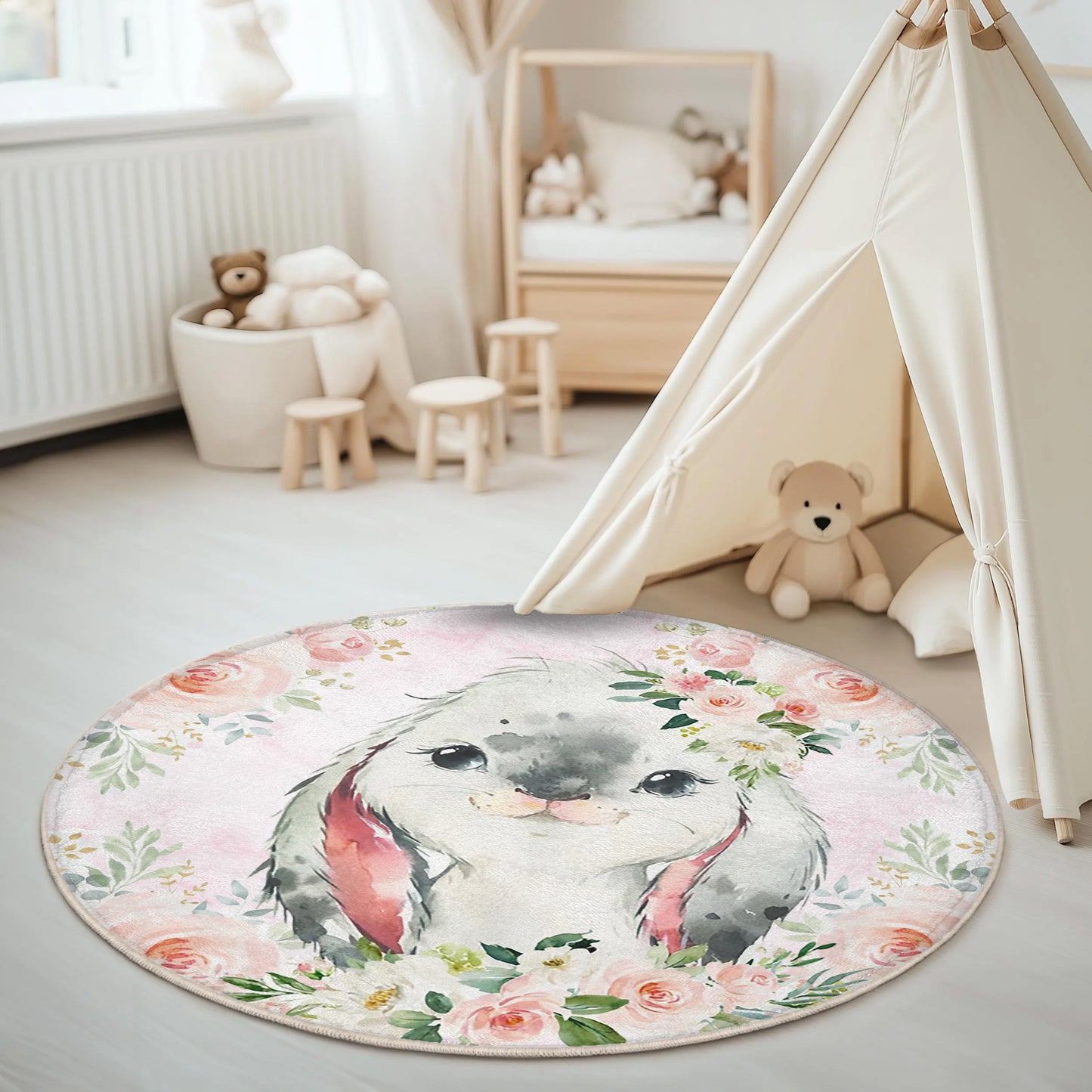Baby Rabbit Rose Floral Round Rug