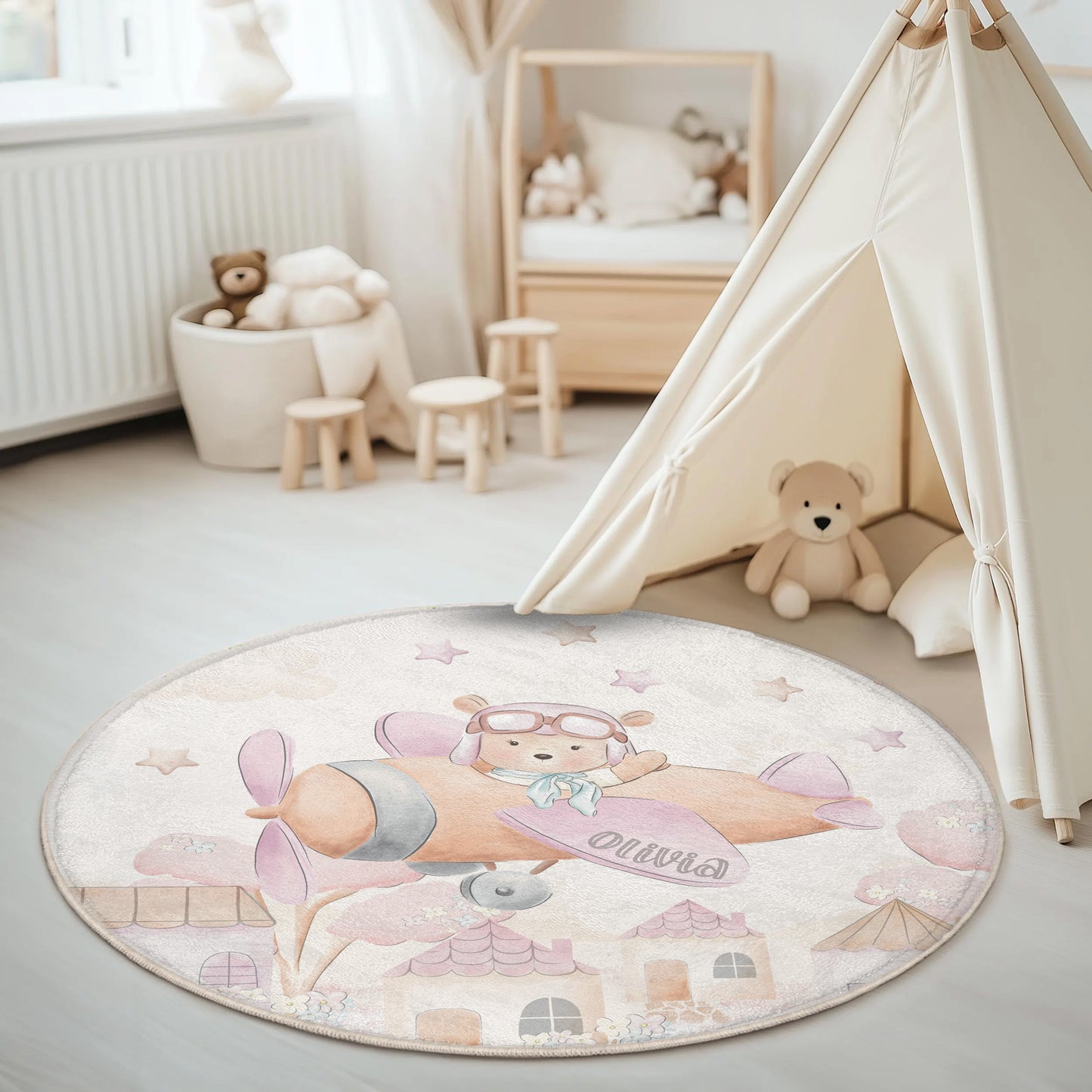 Little Pilot Flying Plane Round Rug