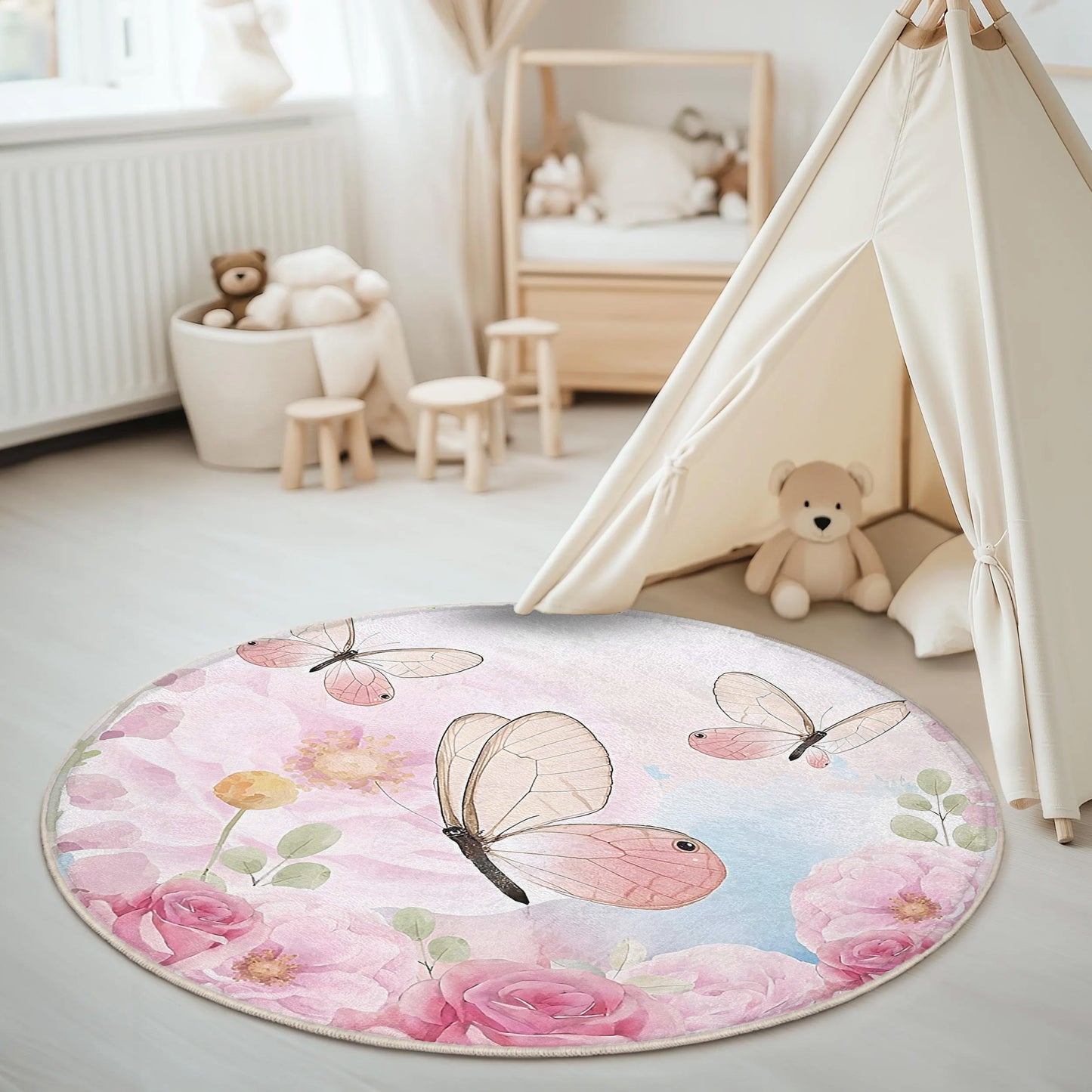 Spring Floral Butterfly Round Rug
