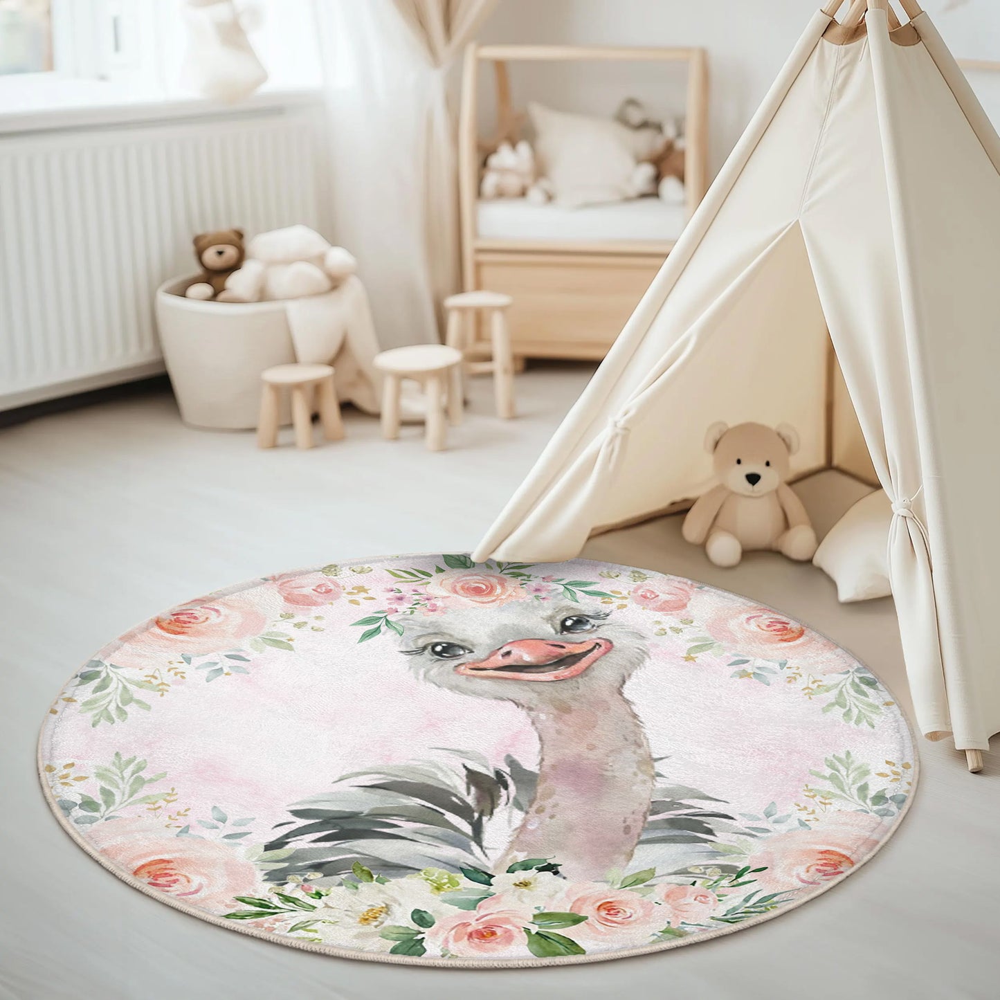 Baby Ostrich Rose Floral Round Rug