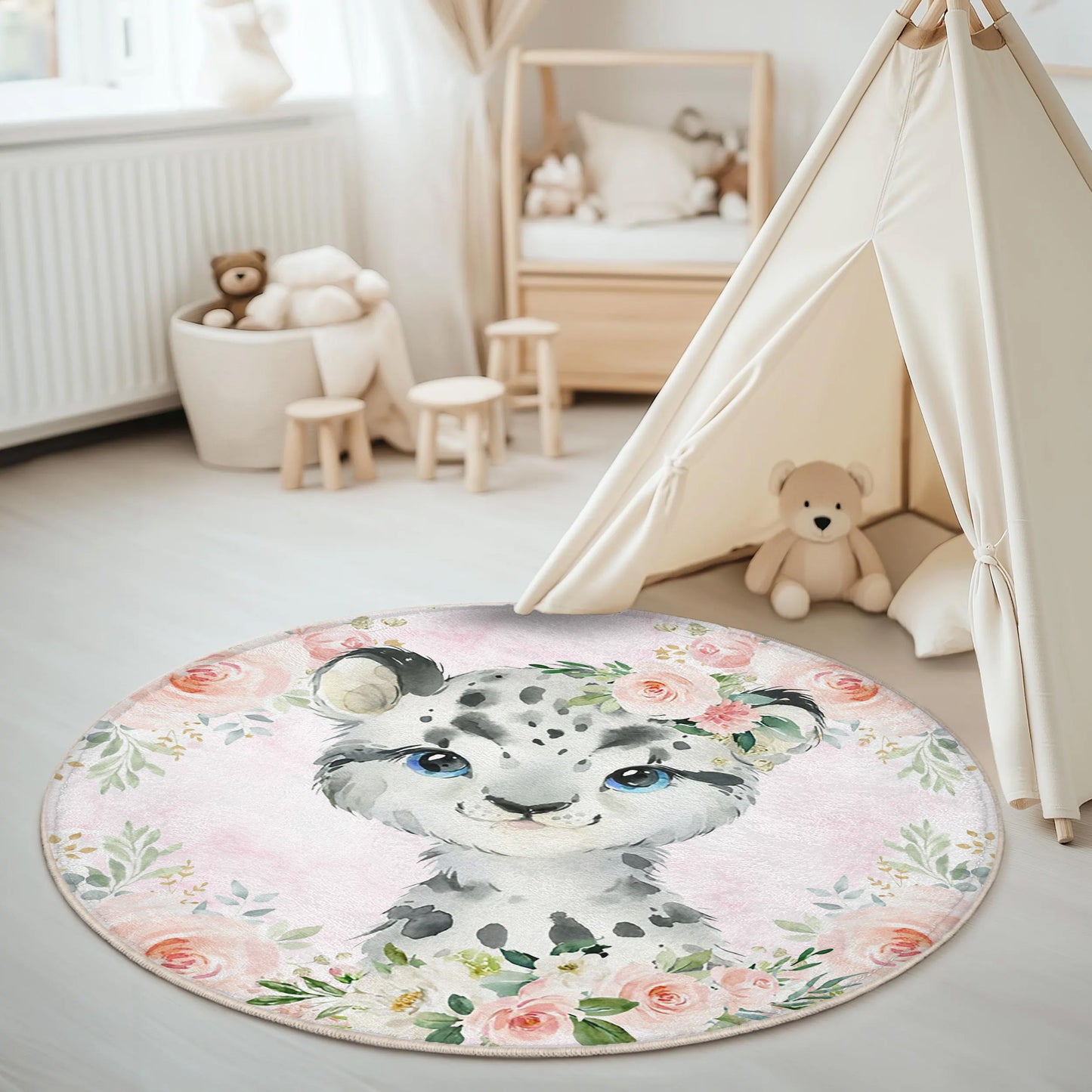 Baby Leopard Rose Floral Round Rug