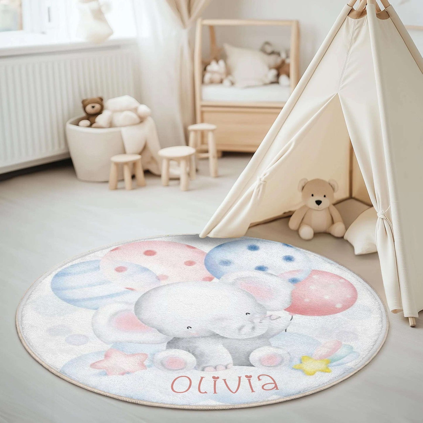 Baby Elephant Balloon Round Rug