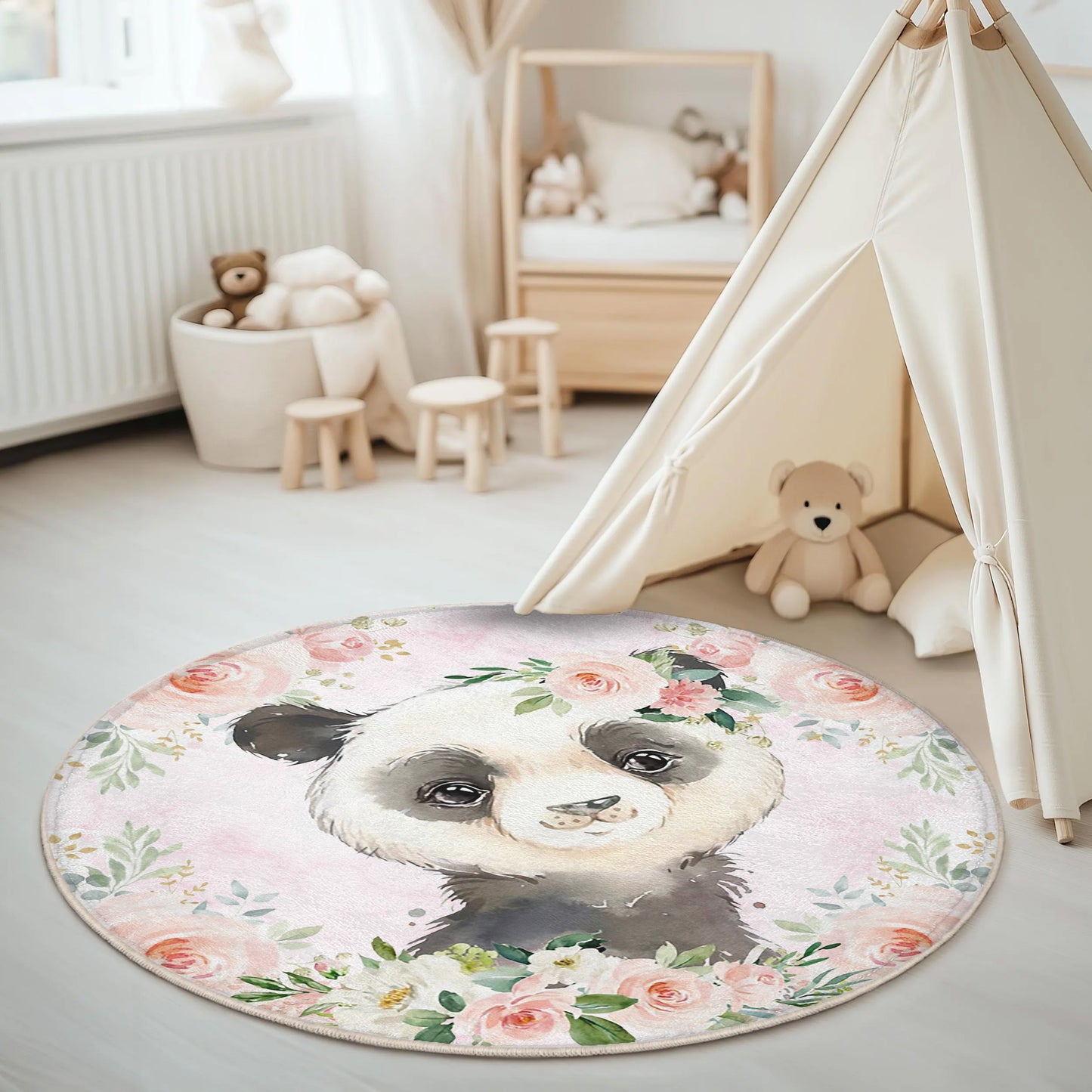 Baby Panda Rose Floral Round Rug