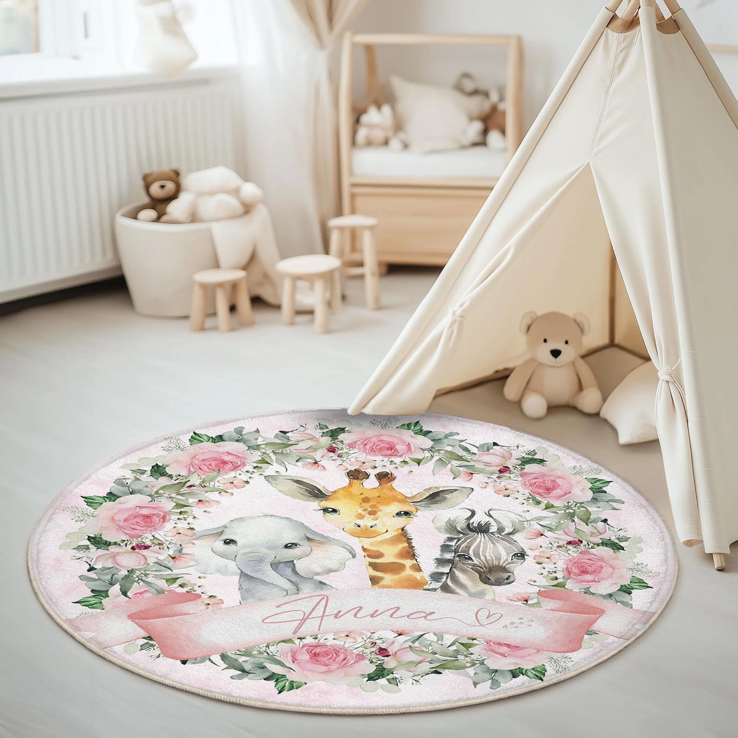 Safari Animals Rose Floral Round Rug