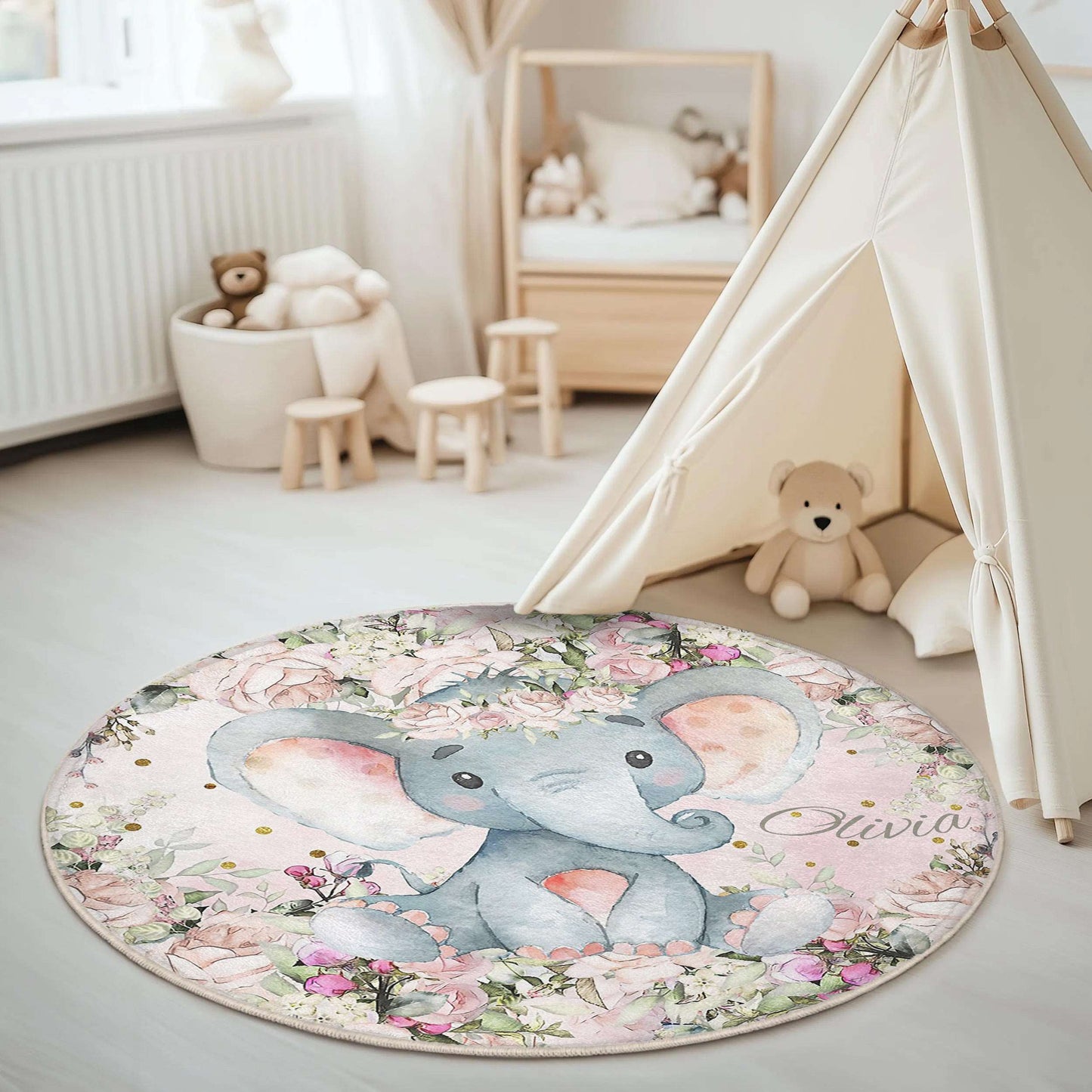 Baby Elephant Rose Floral Round Rug