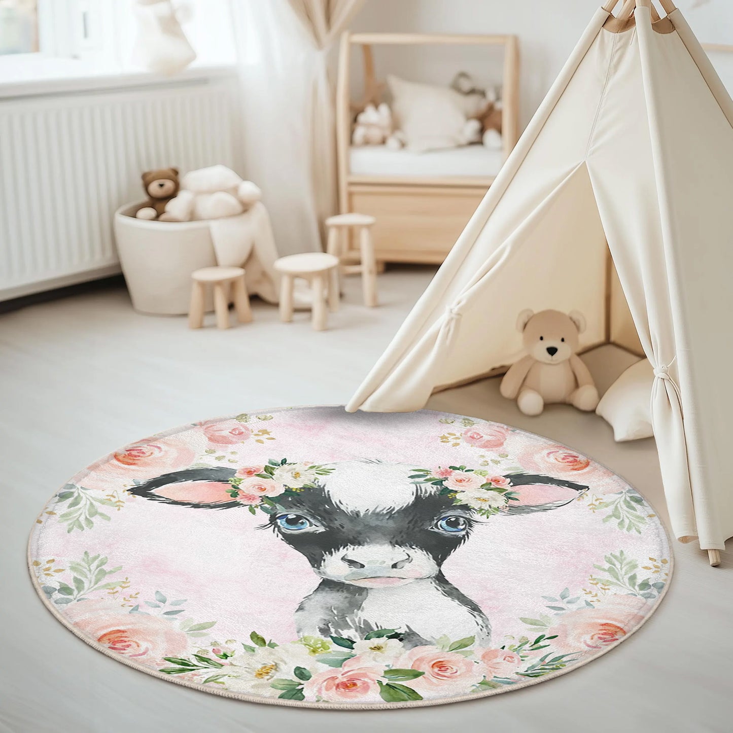 Baby Cow Rose Floral Round Rug