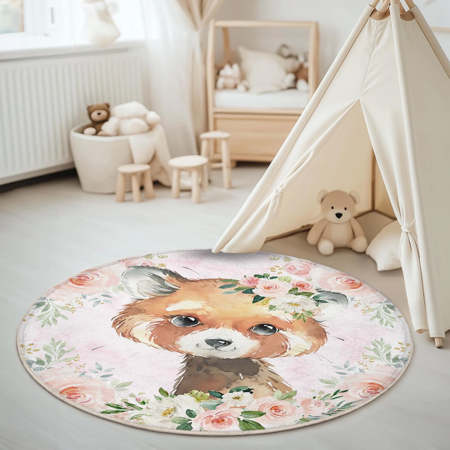 Baby Red Panda Rose Floral Round Rug