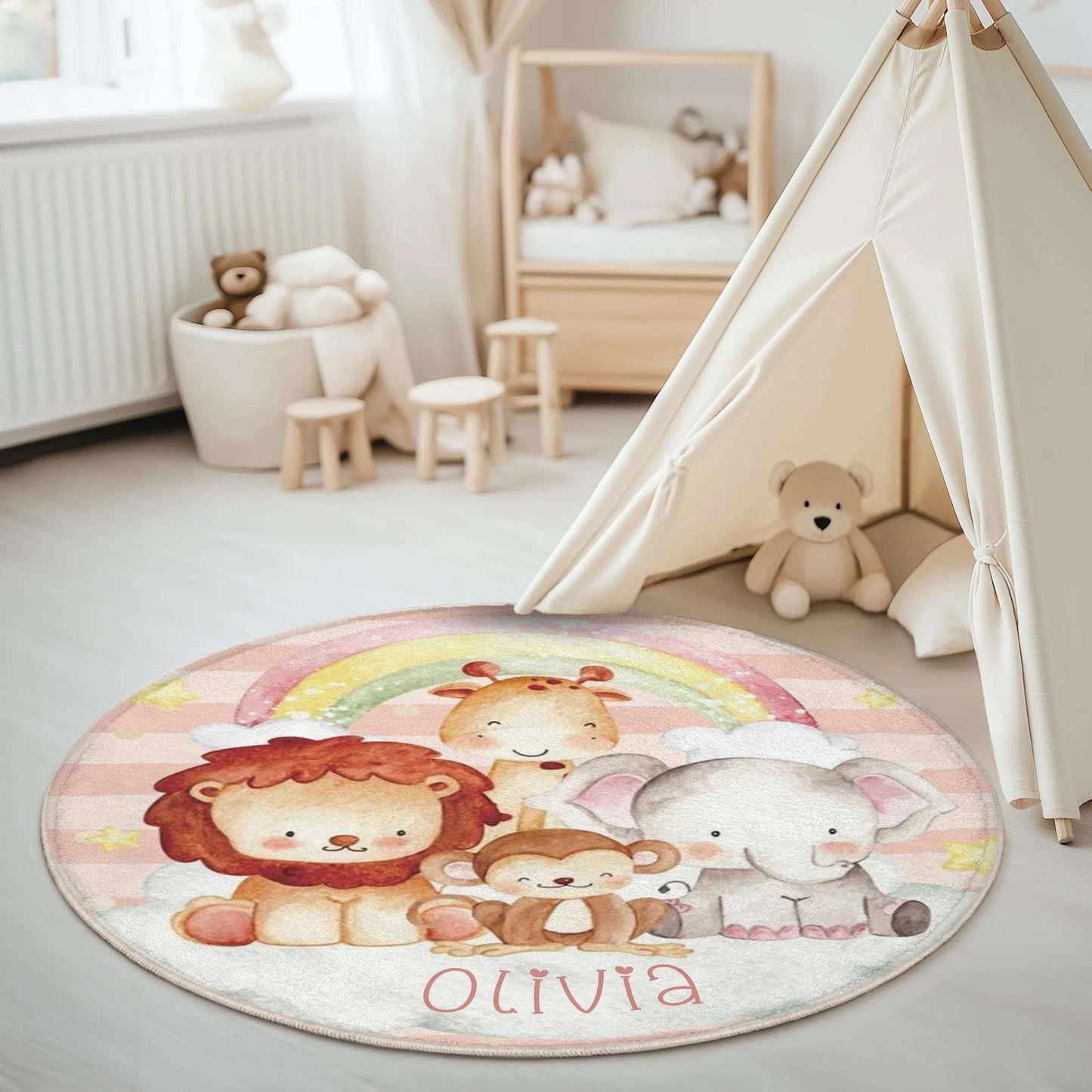 Rainbow Safari Animals Round Rug