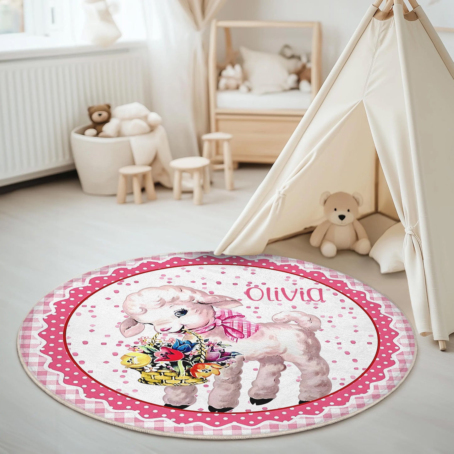 Vintage Sheep Flowers Round Rug
